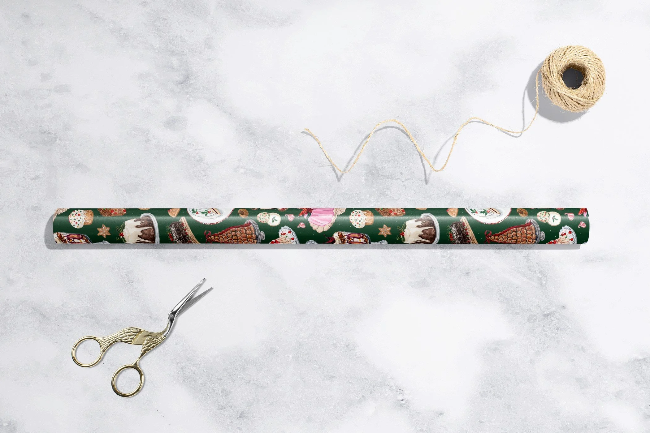 Vintage Christmas Desserts Wrapping Paper by The Scribblist rolled