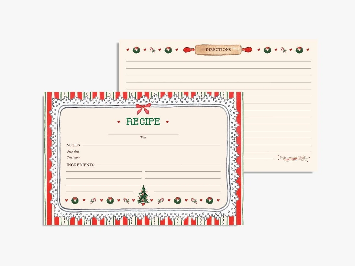 Christmas recipe cards with a cross-stitch title, lace doily frame and candy cane stripes. Double-sided to save family favorites or tuck into a baking gift!