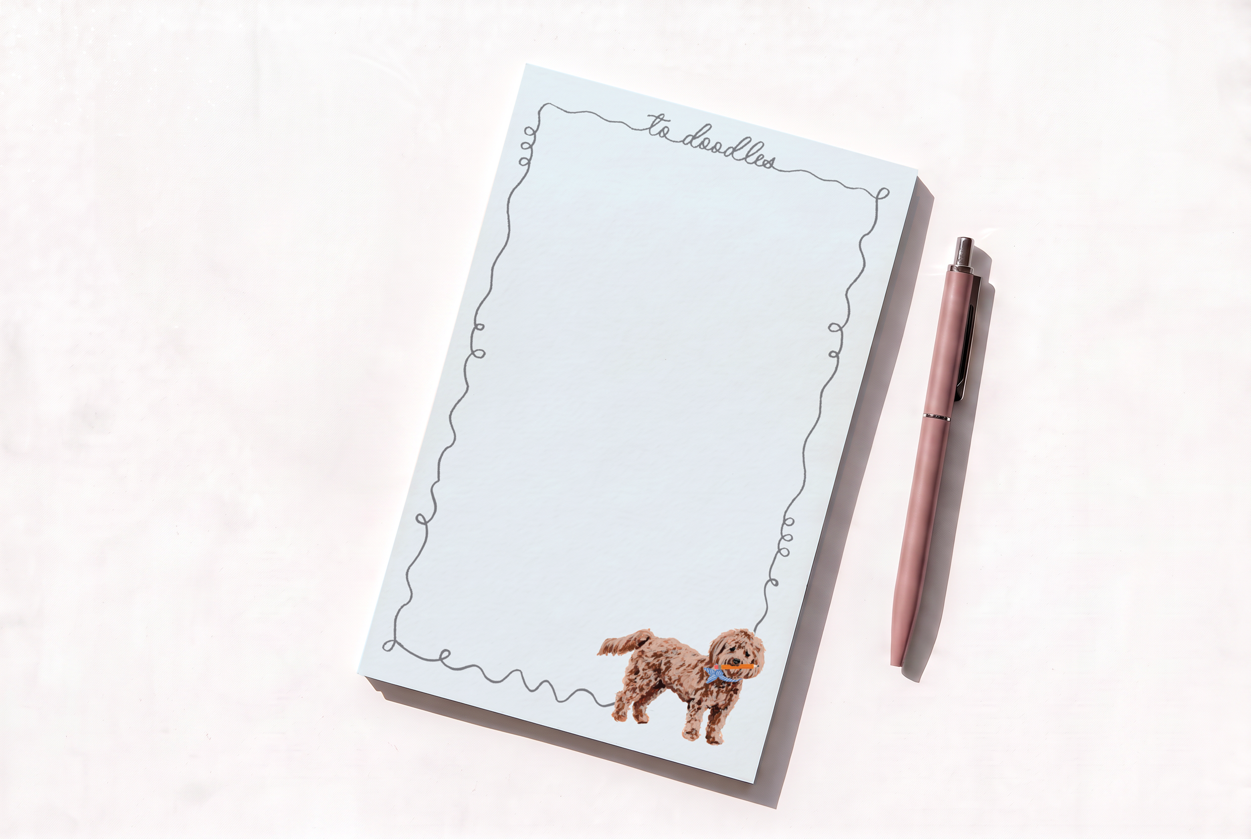 To Doodles Notepad by The Scribblist with watercolor goldendoodle dog and pink pen