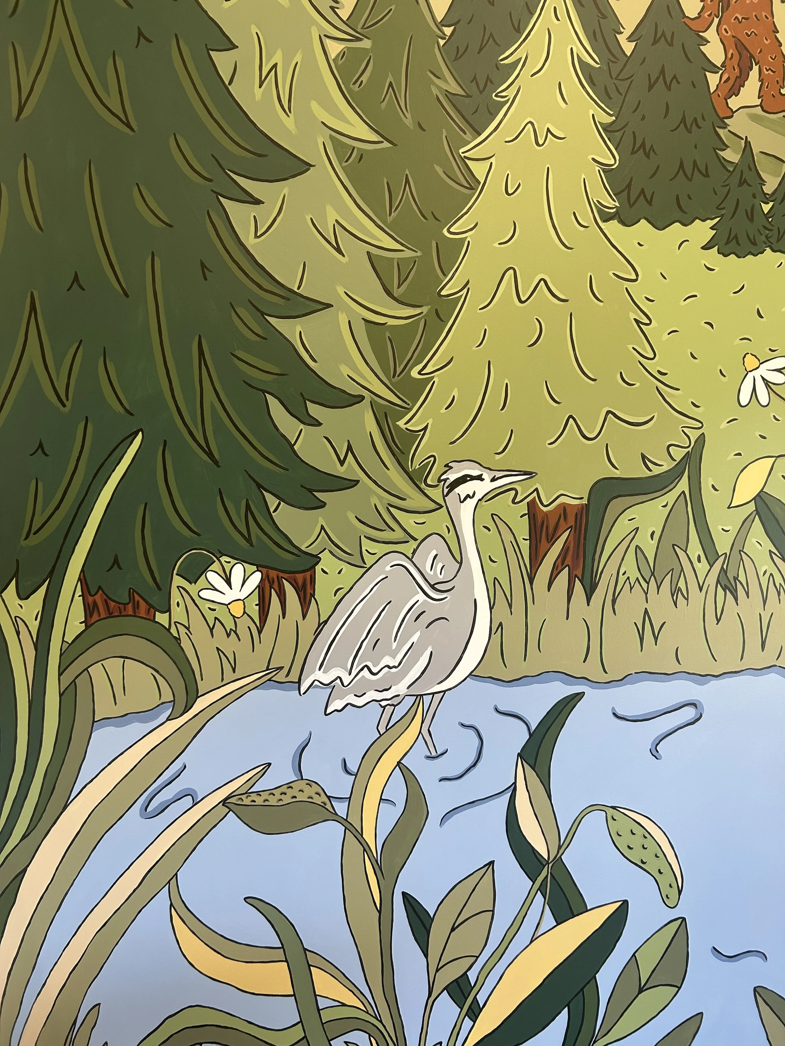 Detail of a crane in water for iQ Credit Union mural in Sherwood Oregon by artist Amanda Donahue of The Scribblist