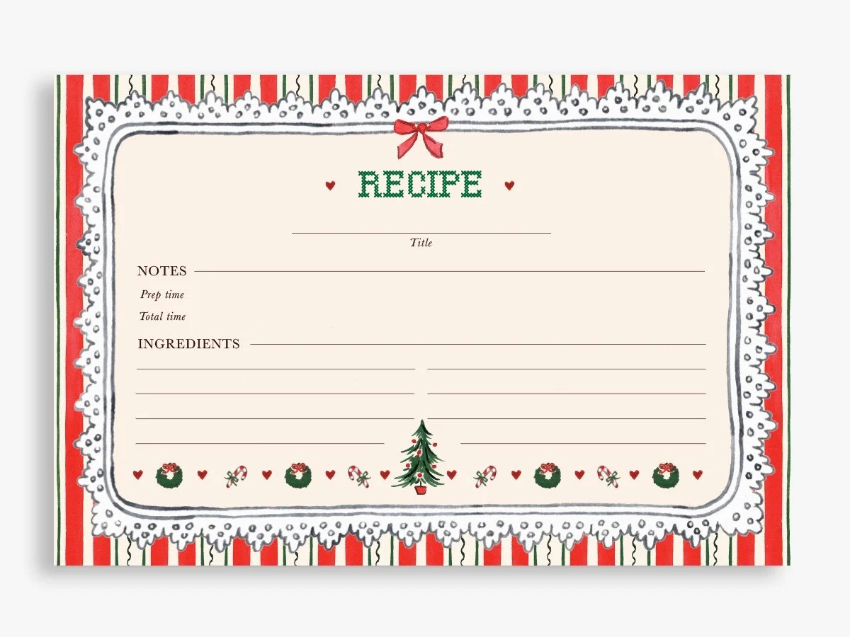 Front of Vintage-style Christmas recipe card with white lace doily frame