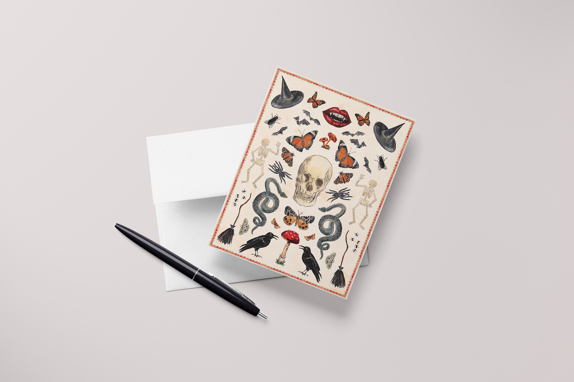 Spooky Halloween Curiosities Watercolor Card with Pen