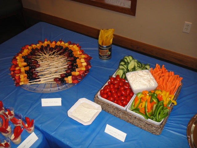 Rainbow fruit skewers, Veg platter.JPG