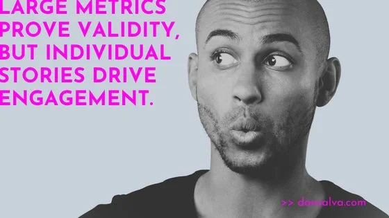 Surprised man - "Large metrics prove validity, but individual stories drive engagement."