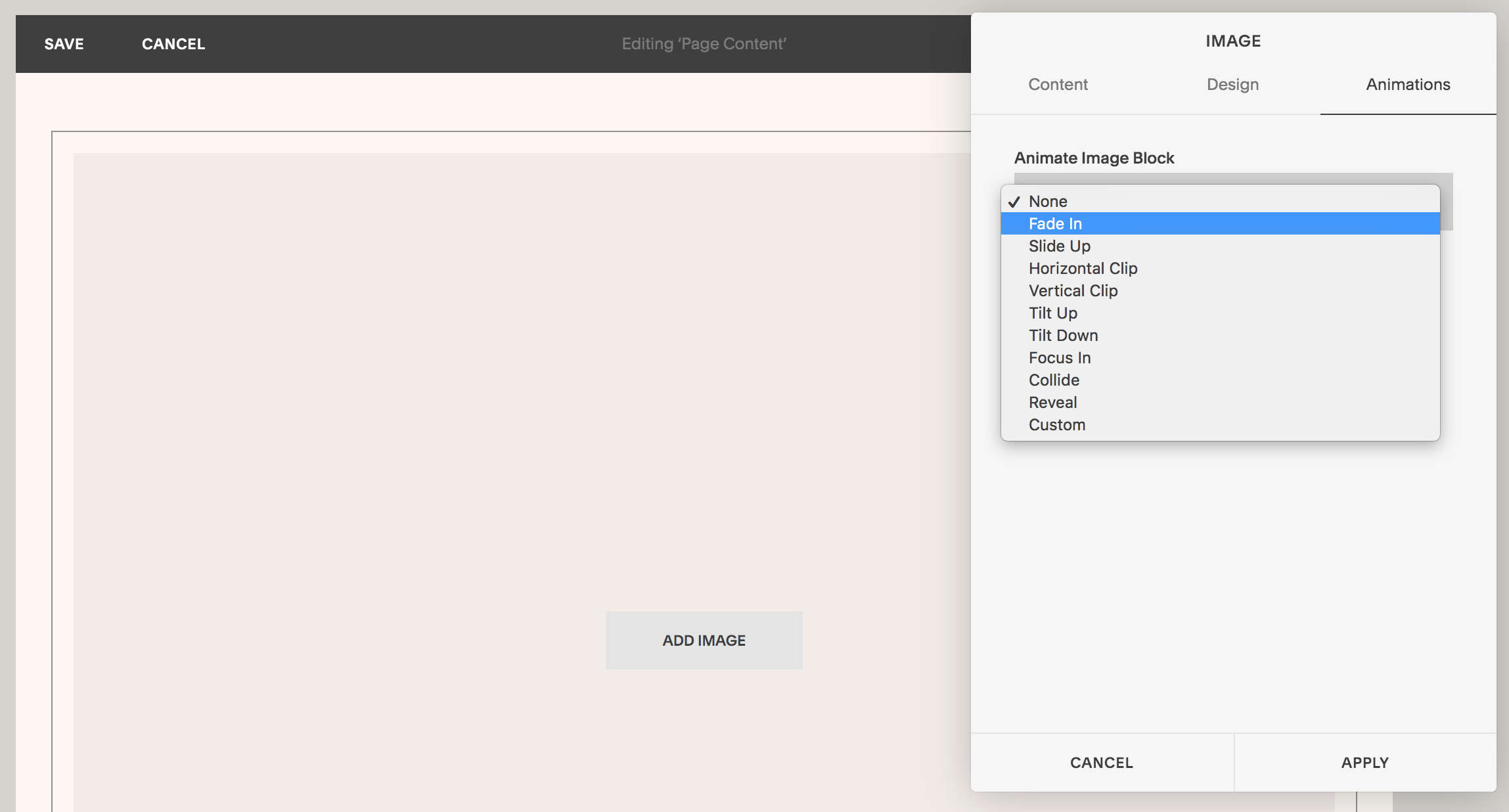 Image block animation options