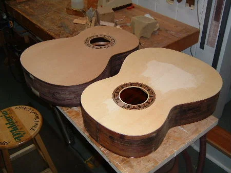  Completed bodies ready for binding-the spruce top has a light coat of shellac. 