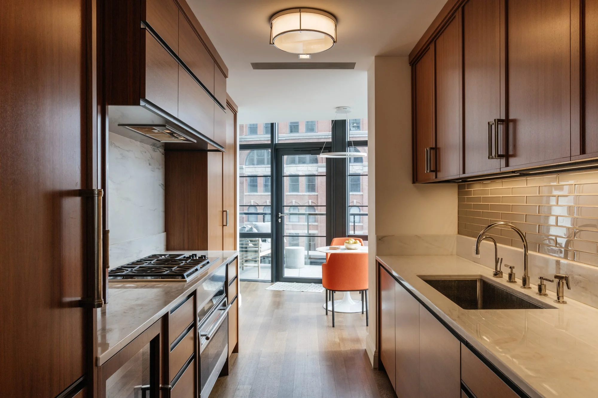 Kitchen space with marble counters