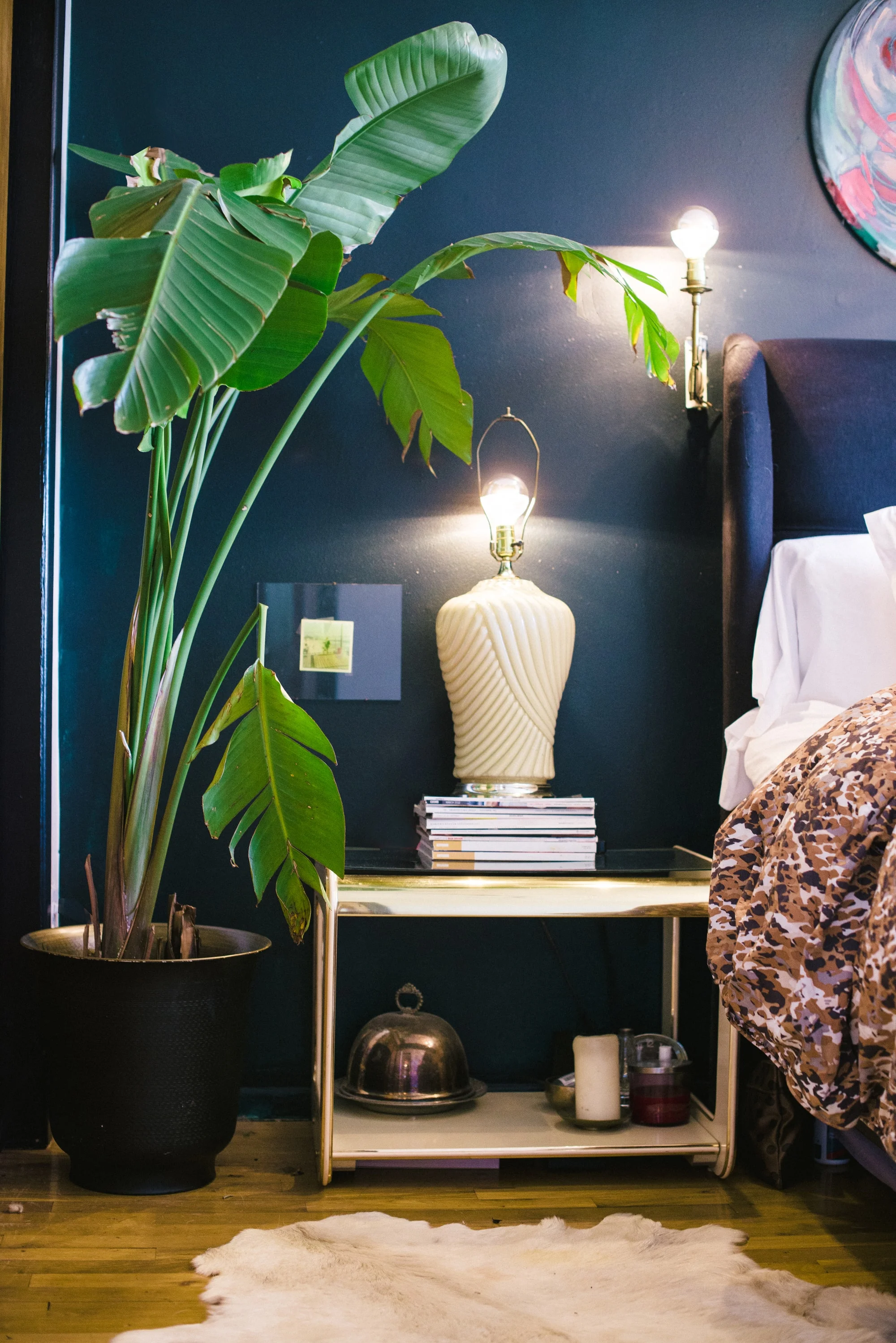 Bedroom bedside table with tall green plant