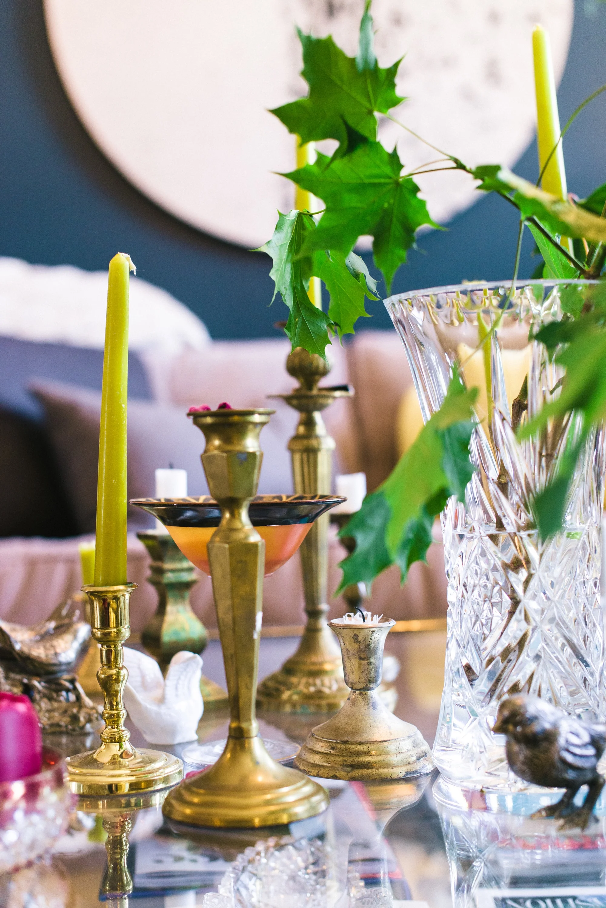 Coffee table with antique metal candle stick holders