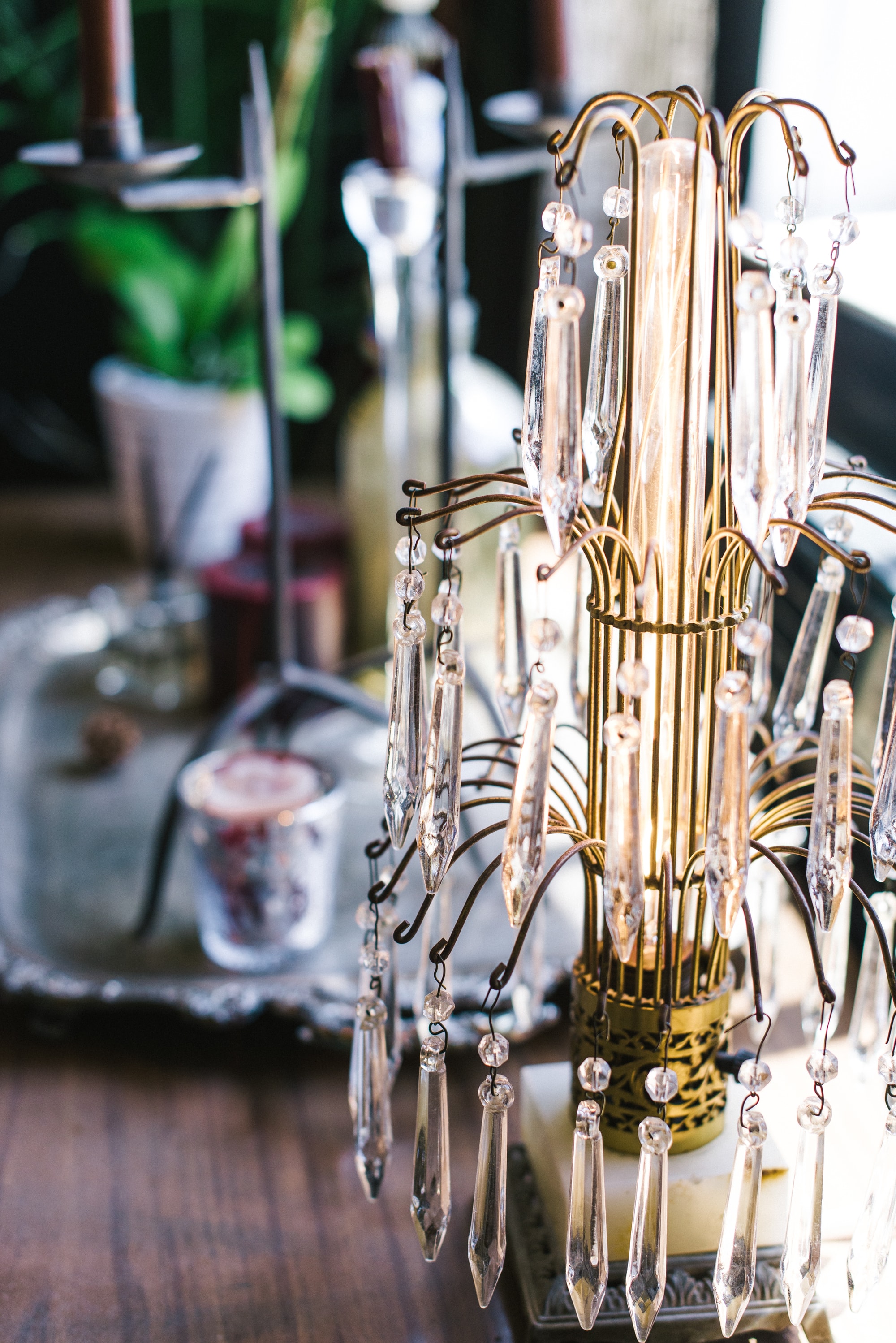 Antique metal and crystal lamp fixture