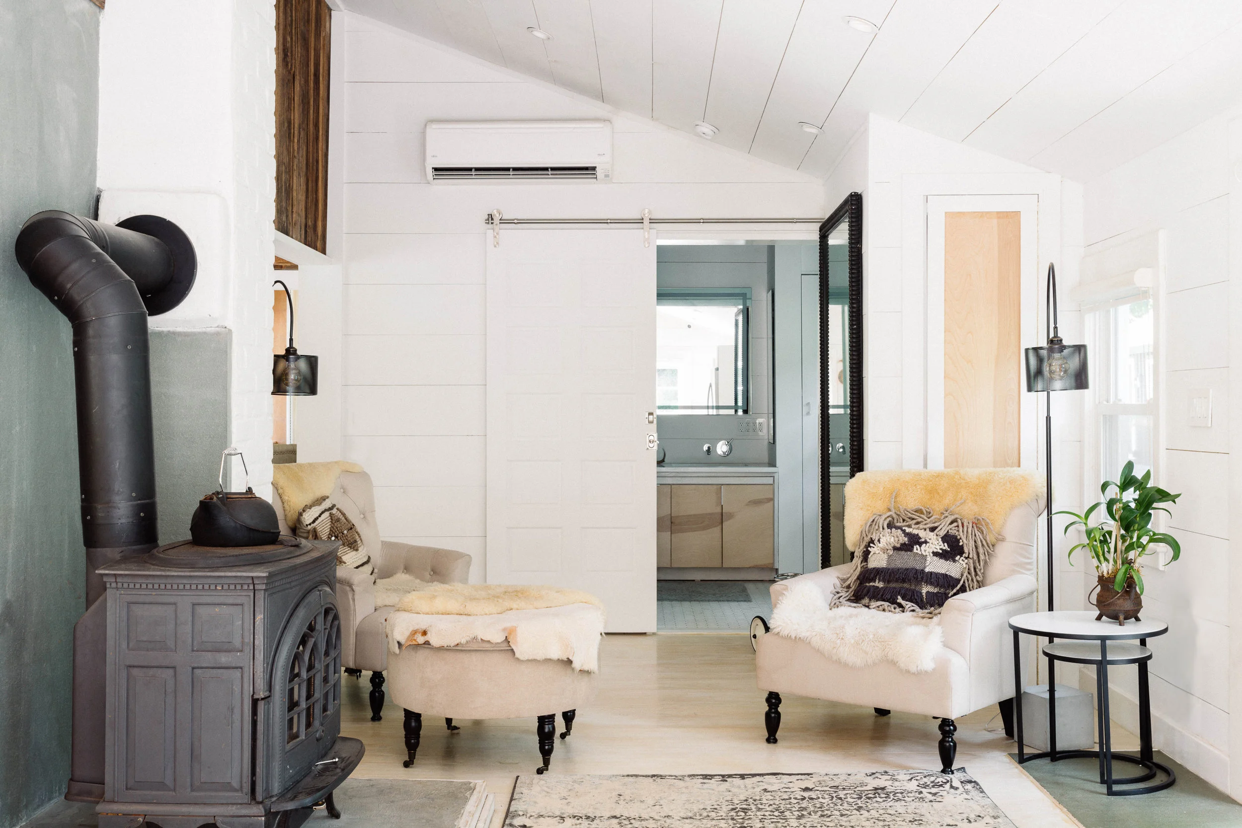 Seating area with old fashioned wooden stove