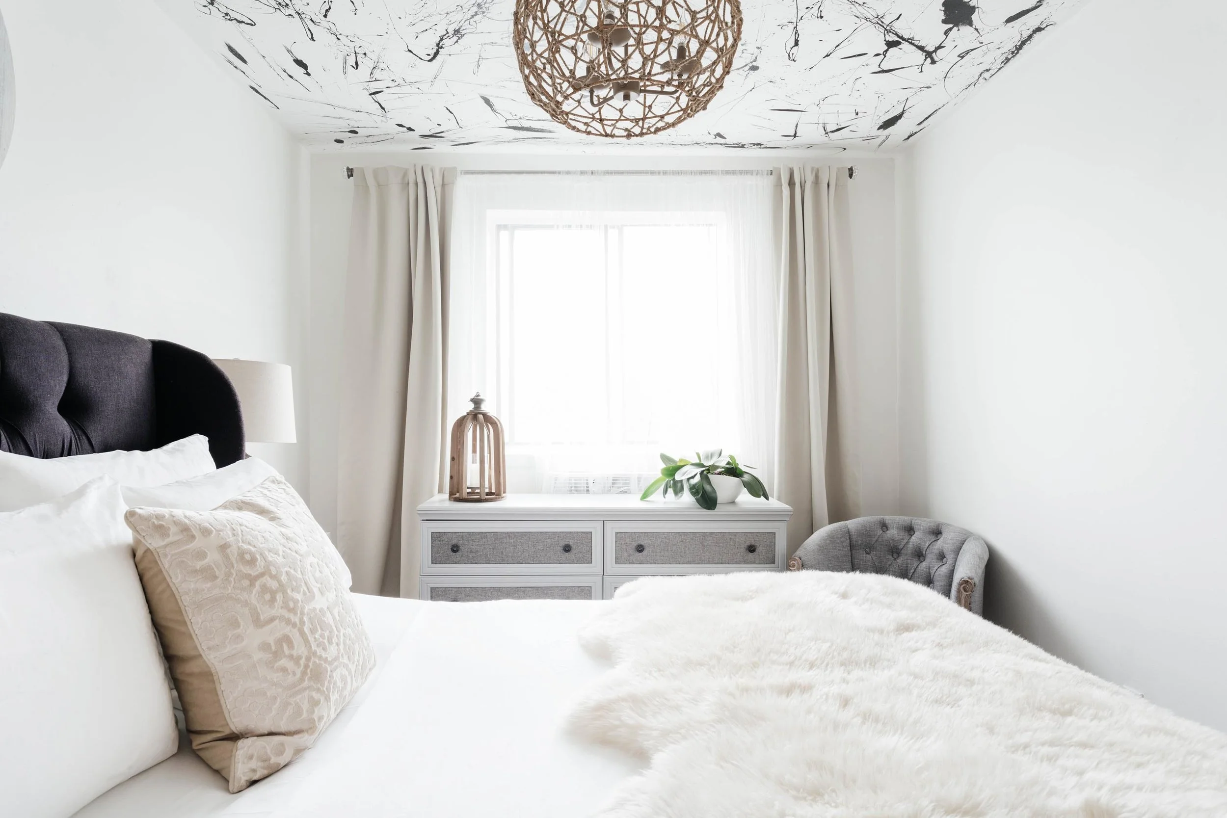 Bright bedroom with custom painted ceiling 2