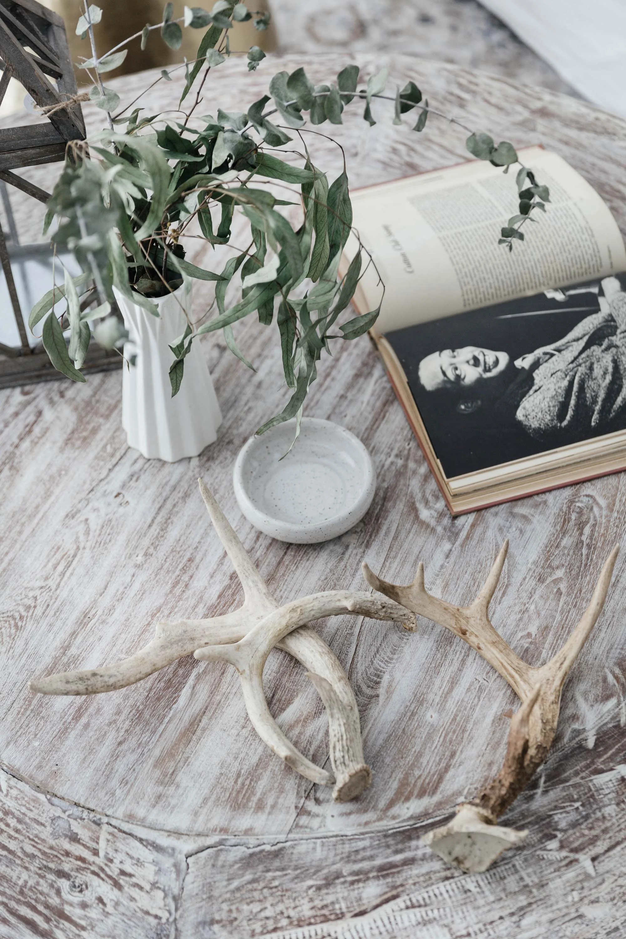 Distressed wooden coffee table with a vase of flowers and antlers
