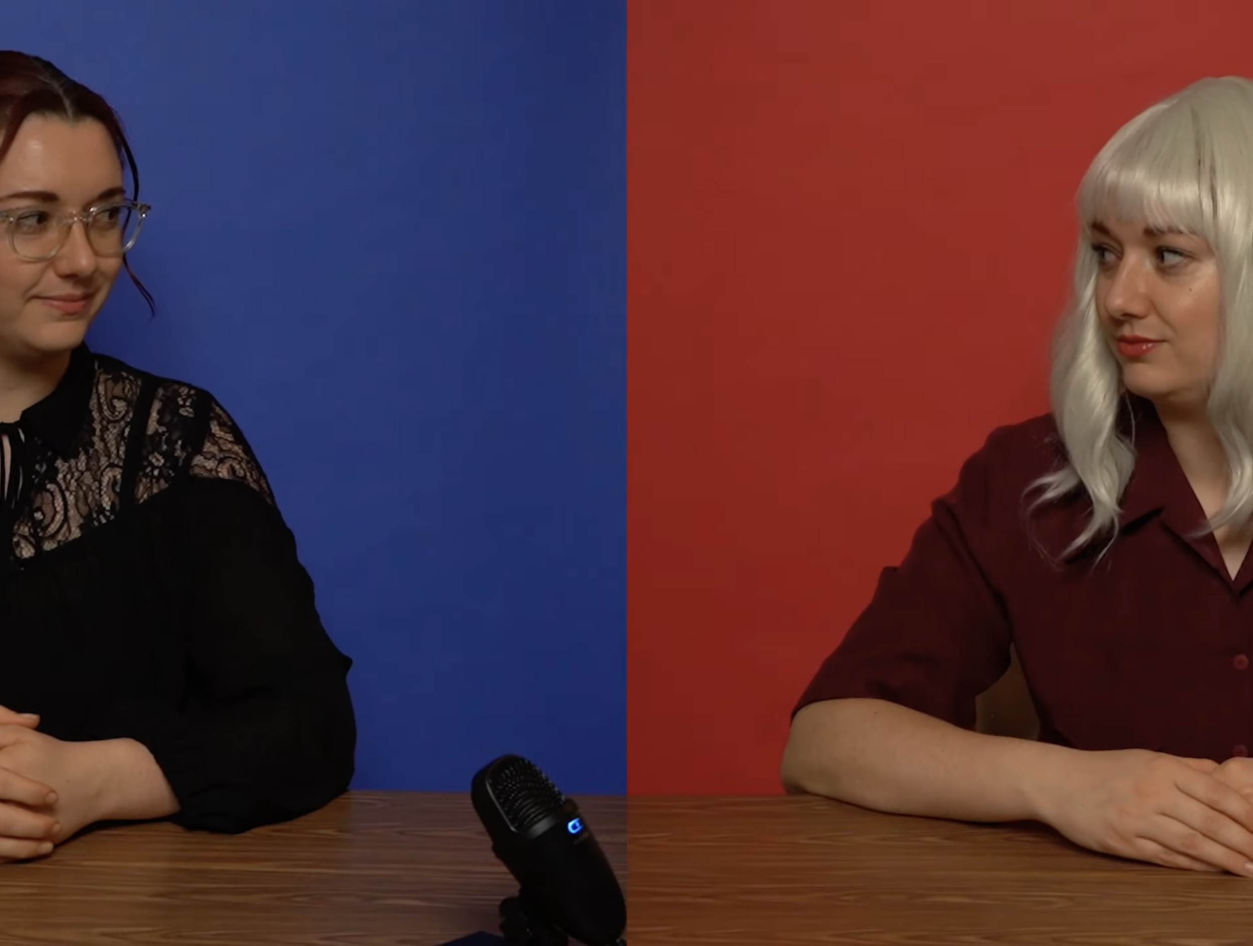   Political Theatres Broadcast  (2023) is an 8:19 minute video, to be played on loop. The video features two news pundits from opposing stations and points of view. The video flips back and forth between each pundit, blurring their dialogue together,