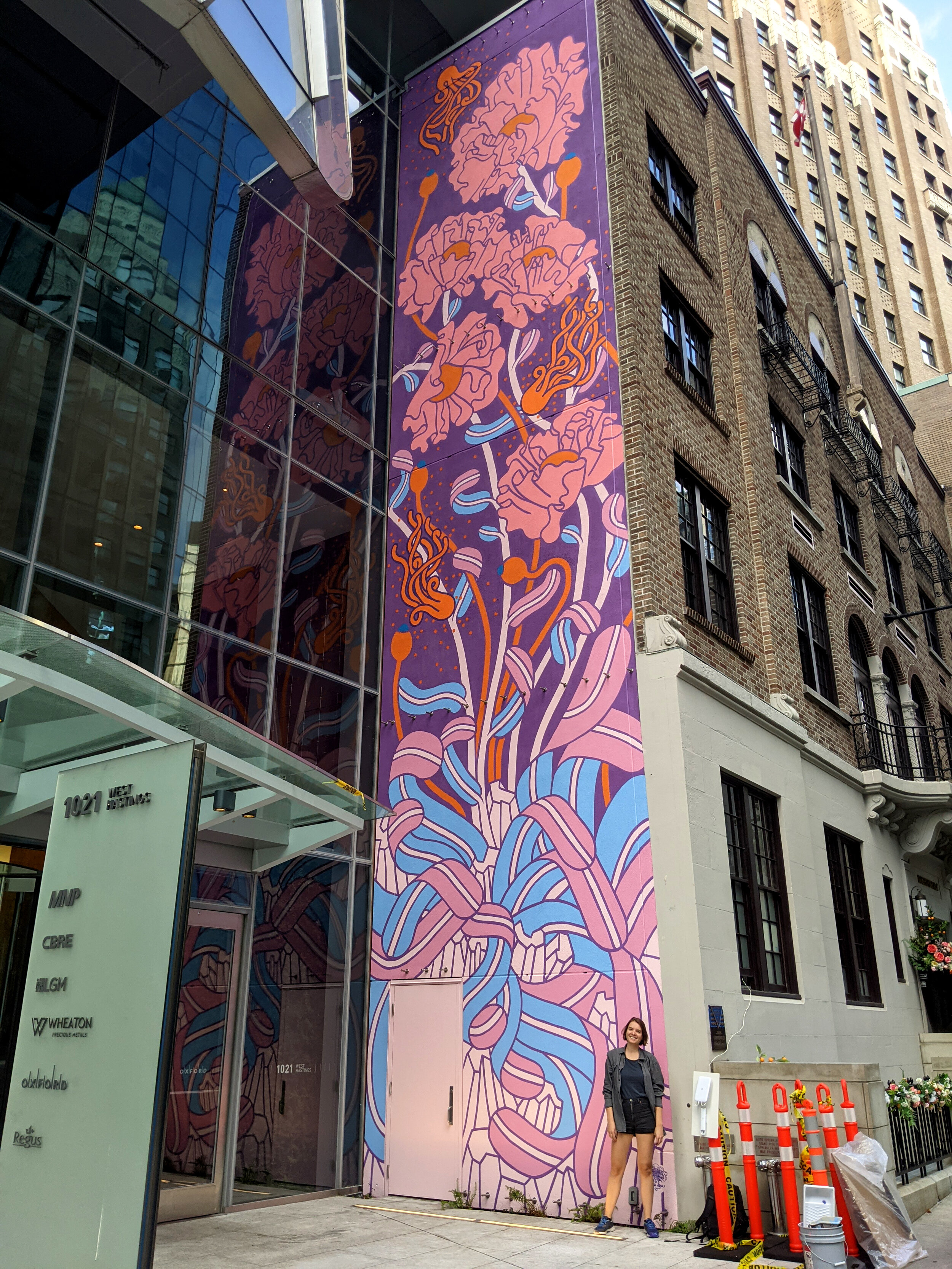  "Marine Blossom" painted for Vancouver Mural Festival  55’x16’ Exterior Acrylic Paint  Vancouver, BC, Canada - 2021  Client: Oxford Properties Group - MNP Tower 