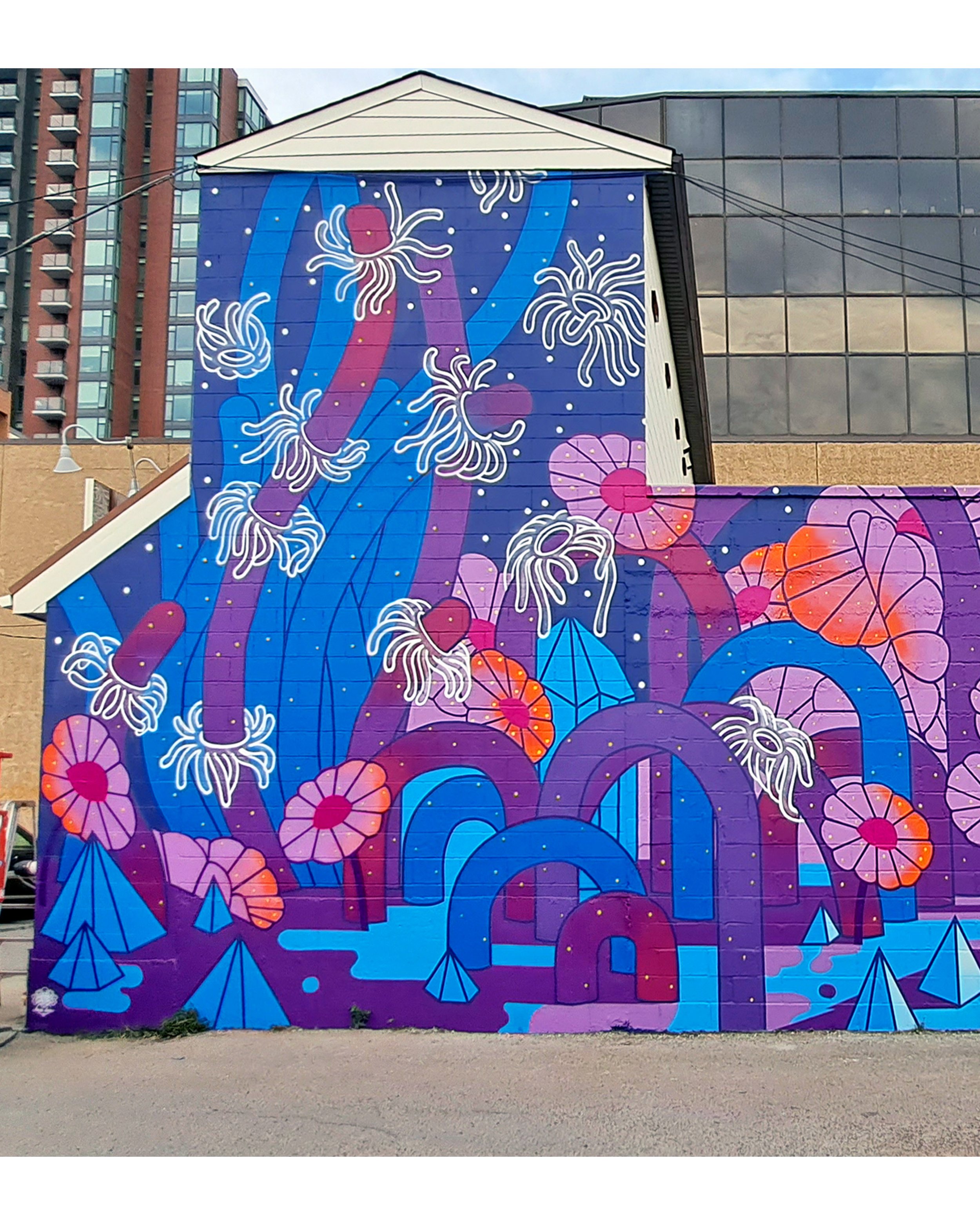  "Nocturne of other lands" painted for BUMP Mural Festival  24’x60’ Exterior Acrylic Paint, Spray paint  Calgary, AB, Canada - 2023  Client: Walls Alive 