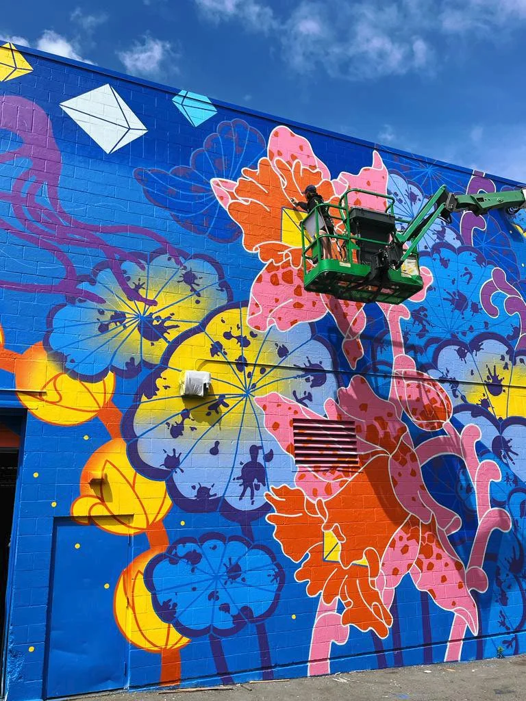  "Stellate Daffodils"  32’x100’ Exterior Acrylic Paint, Spray paint  VANCOUVER, Canada - 2023  Client: Low Tide Properties + Vancouver Mural Festival 