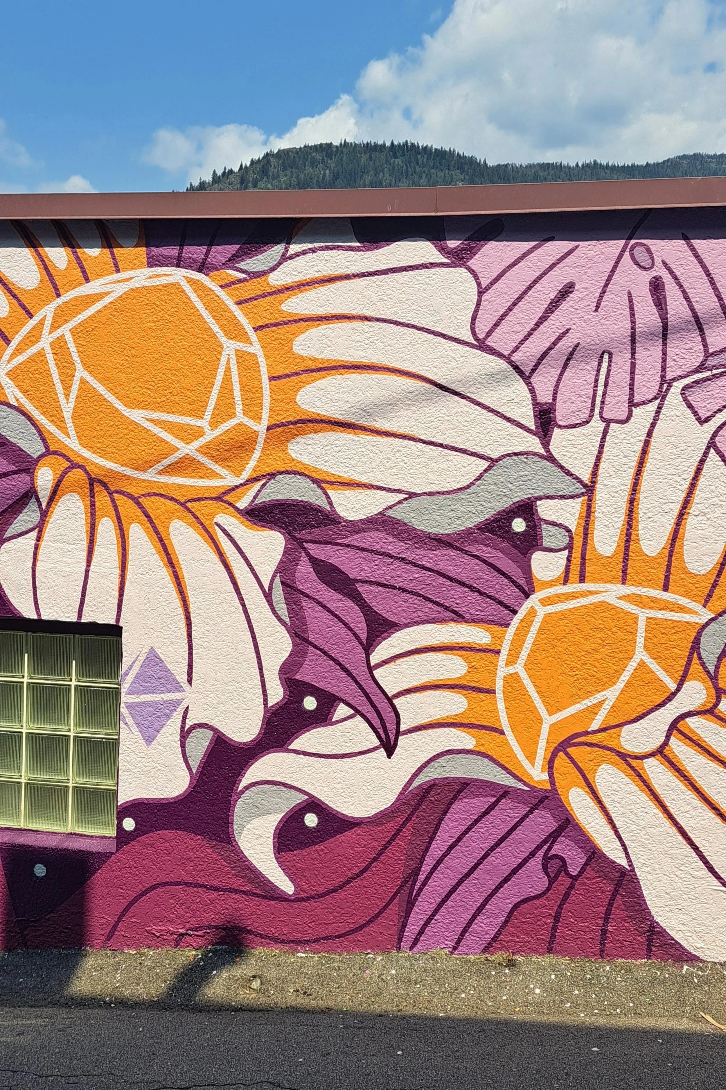  "Trillium Symphony" painted for Nelson Mural Festival  40’x12’ Exterior Acrylic Paint, Spray paint  Nelson, BC, Canada - 2024  Client: Nelson Mural festival 