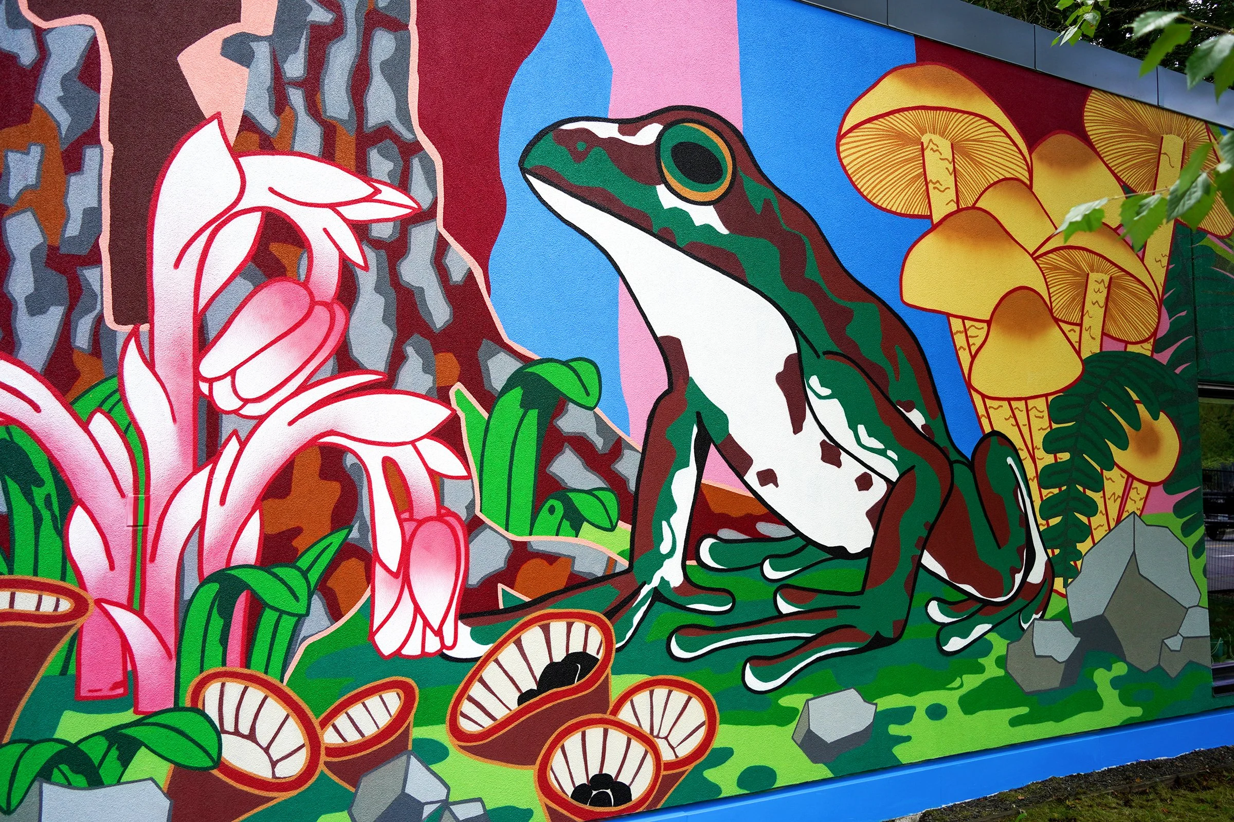  "Pacific Northwest Forest Floor"  15’x85’ Exterior Acrylic Paint, Spray paint  Surrey, BC, Canada - 2024  Client: Surrey Nature Centre + City of Surrey. 