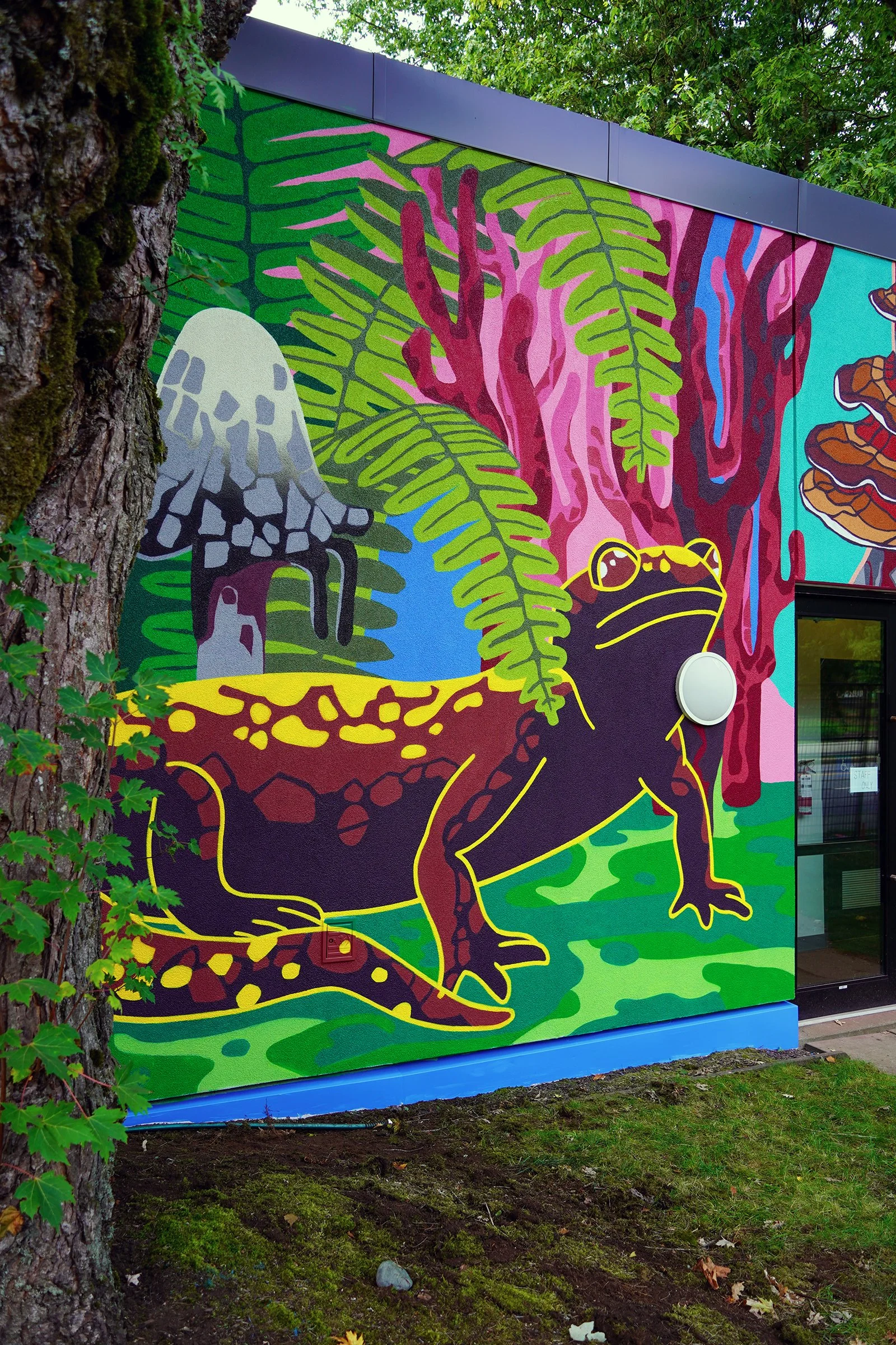  "Pacific Northwest Forest Floor"  15’x85’ Exterior Acrylic Paint, Spray paint  Surrey, BC, Canada - 2024  Client: Surrey Nature Centre + City of Surrey. 