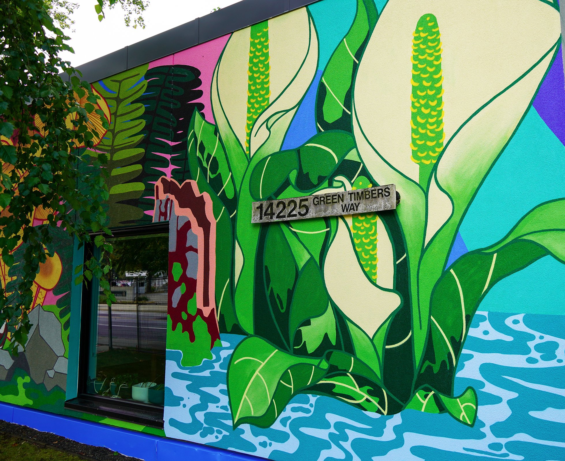  "Pacific Northwest Forest Floor"  15’x85’ Exterior Acrylic Paint, Spray paint  Surrey, BC, Canada - 2024  Client: Surrey Nature Centre + City of Surrey. 