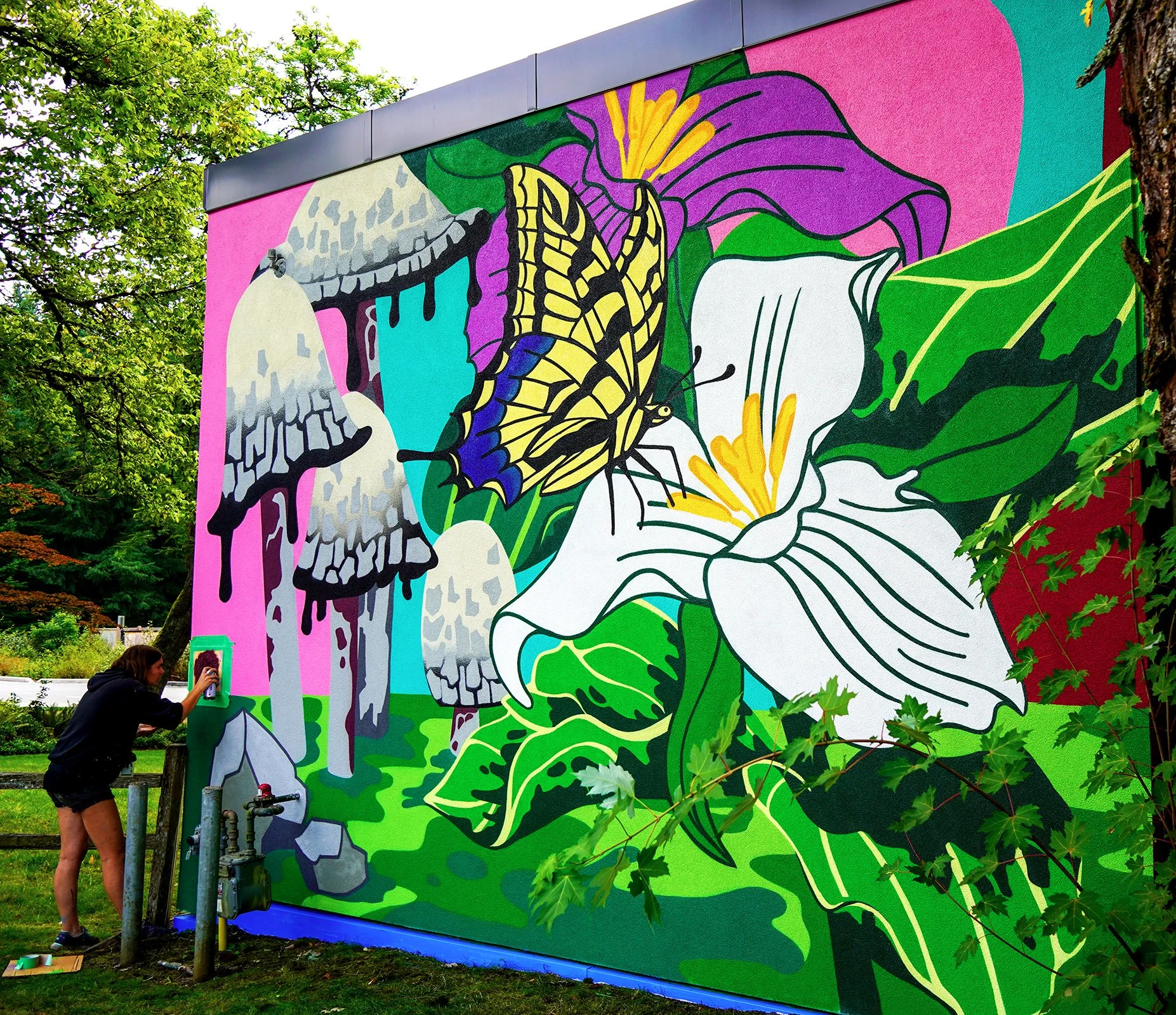  "Pacific Northwest Forest Floor"  15’x85’ Exterior Acrylic Paint, Spray paint  Surrey, BC, Canada - 2024  Client: Surrey Nature Centre + City of Surrey. 
