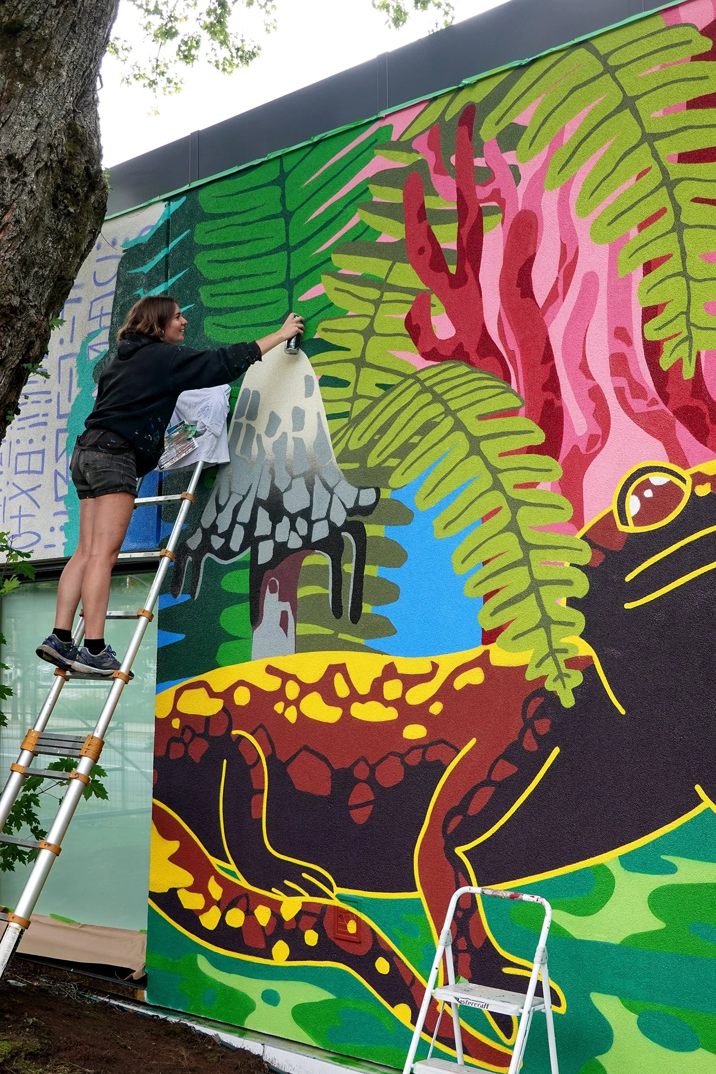 "Pacific Northwest Forest Floor"  15’x85’ Exterior Acrylic Paint, Spray paint  Surrey, BC, Canada - 2024  Client: Surrey Nature Centre + City of Surrey. 