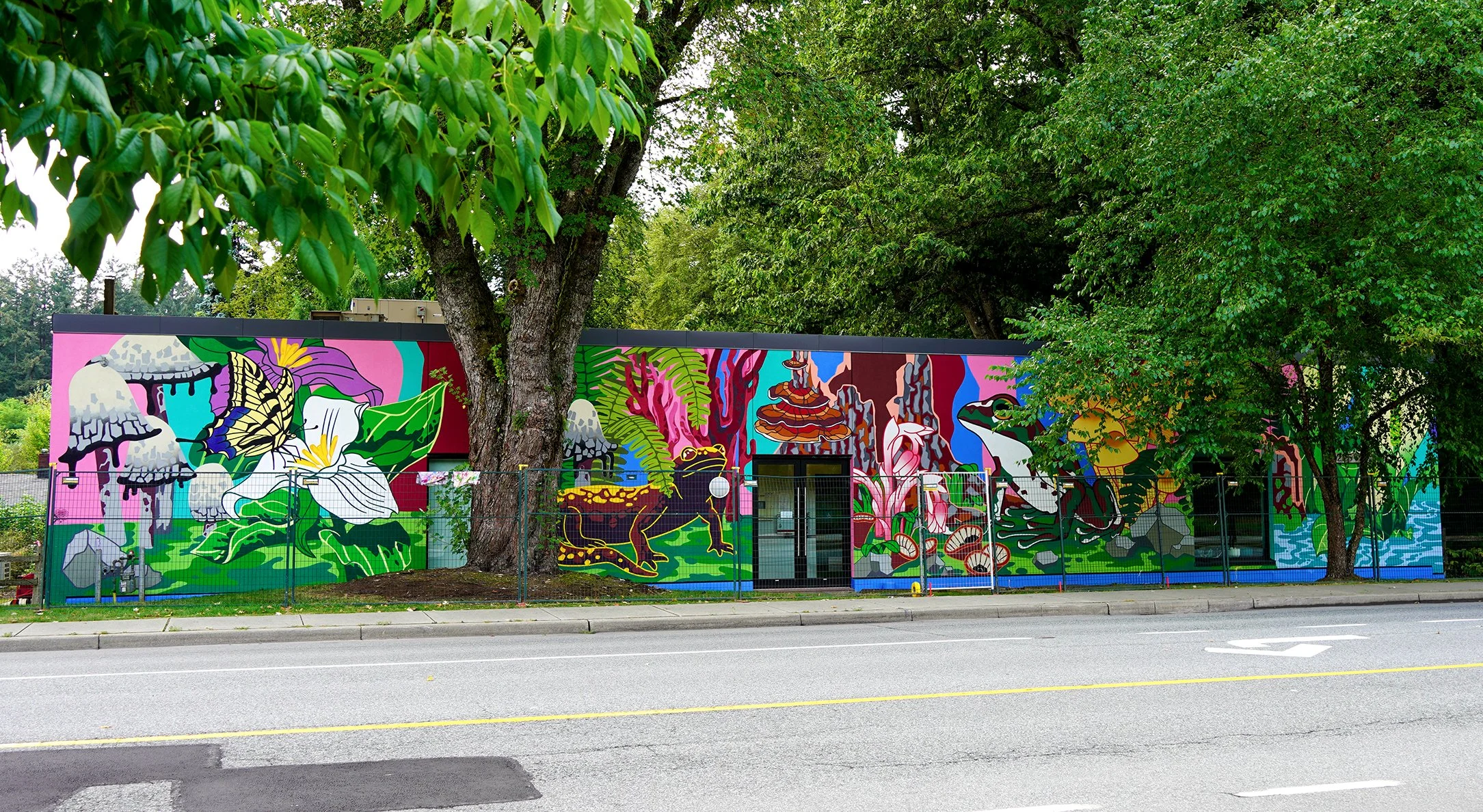  "Pacific Northwest Forest Floor"  15’x85’ Exterior Acrylic Paint, Spray paint  Surrey, BC, Canada - 2024  Client: Surrey Nature Centre + City of Surrey. 