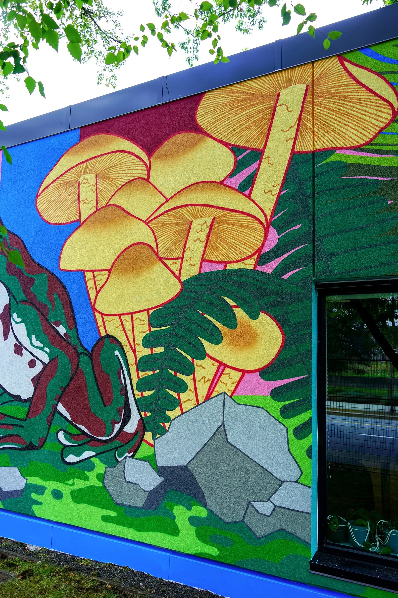  "Pacific Northwest Forest Floor"  15’x85’ Exterior Acrylic Paint, Spray paint  Surrey, BC, Canada - 2024  Client: Surrey Nature Centre + City of Surrey. 