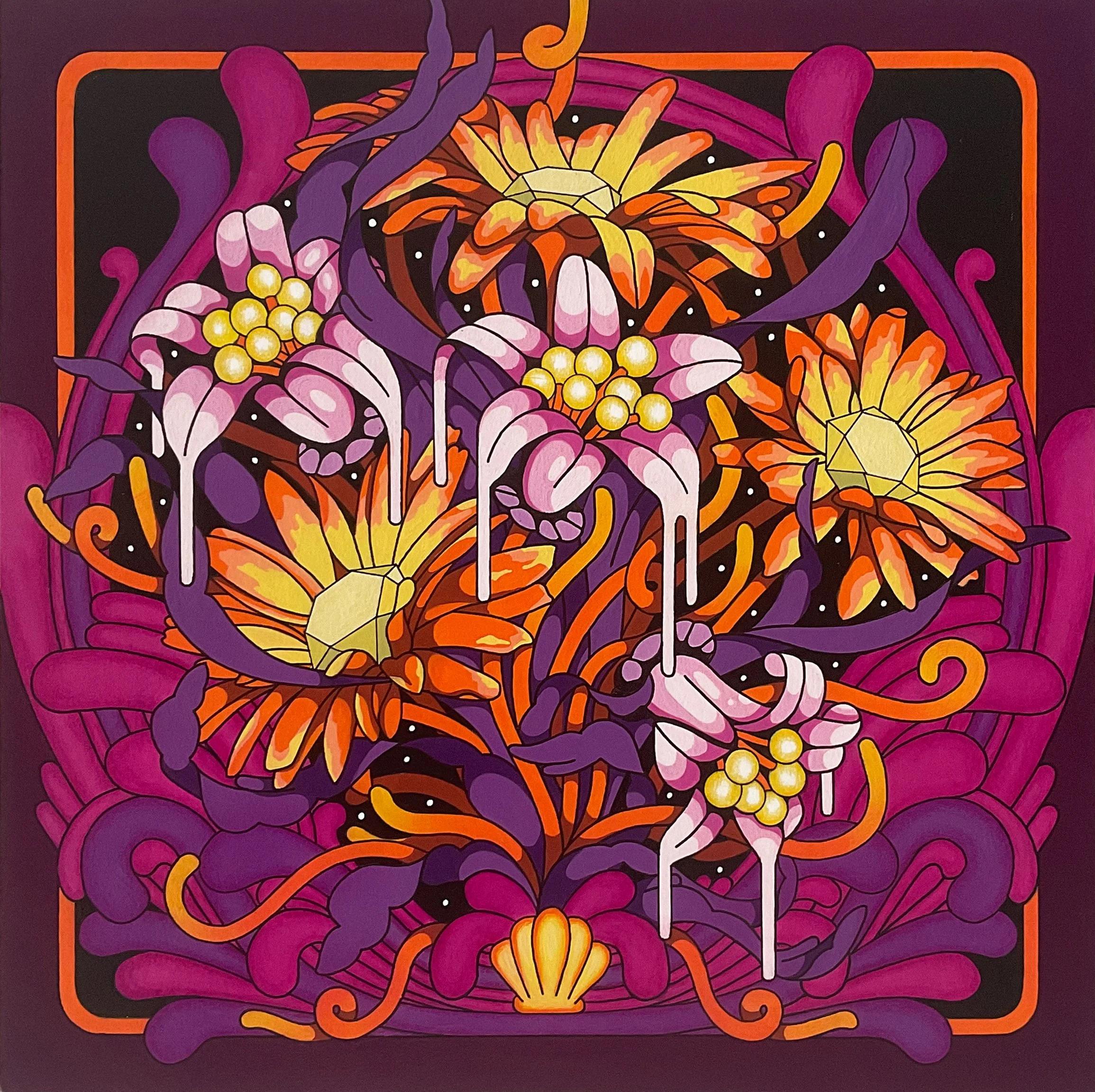   The Growth,  2025  Mixed media on paper (pen, fibre tipped markers, coloured pencil and gouache paint) mounted to wood panel, varnished.  12"x12" (30,48cmx30,48cm) 