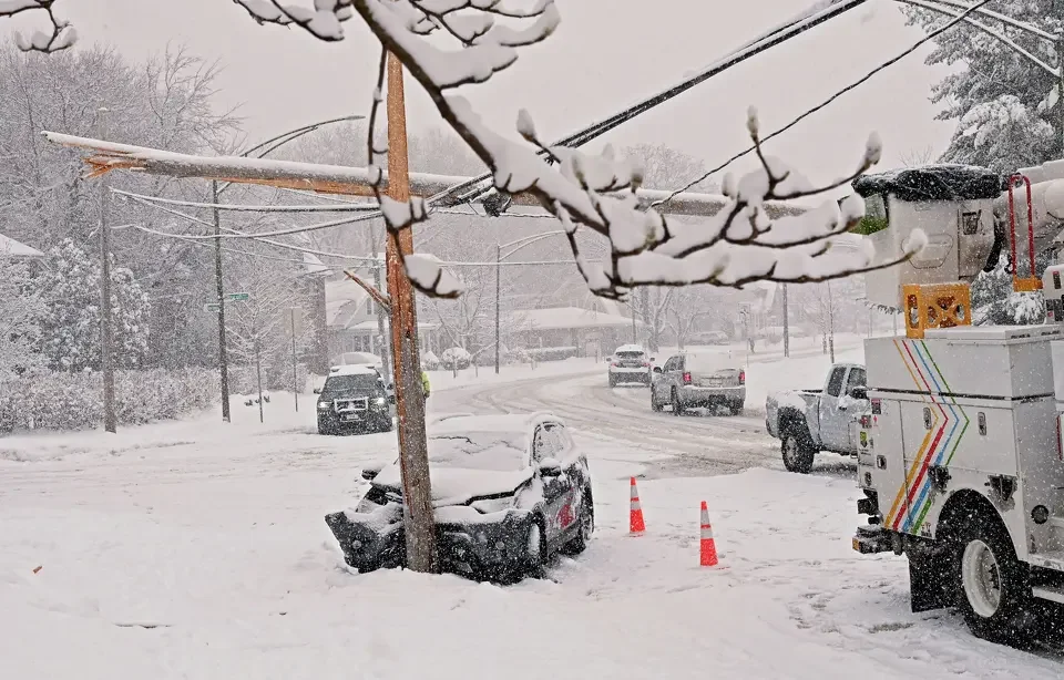  Ice, snow and wind are all factors in electrical outages during the winter months. In this photo from 2024, a National Grid crew was on the scene to make repairs after a car hit a utility pole on New Scotland Avenue in Albany. Researchers at the Uni