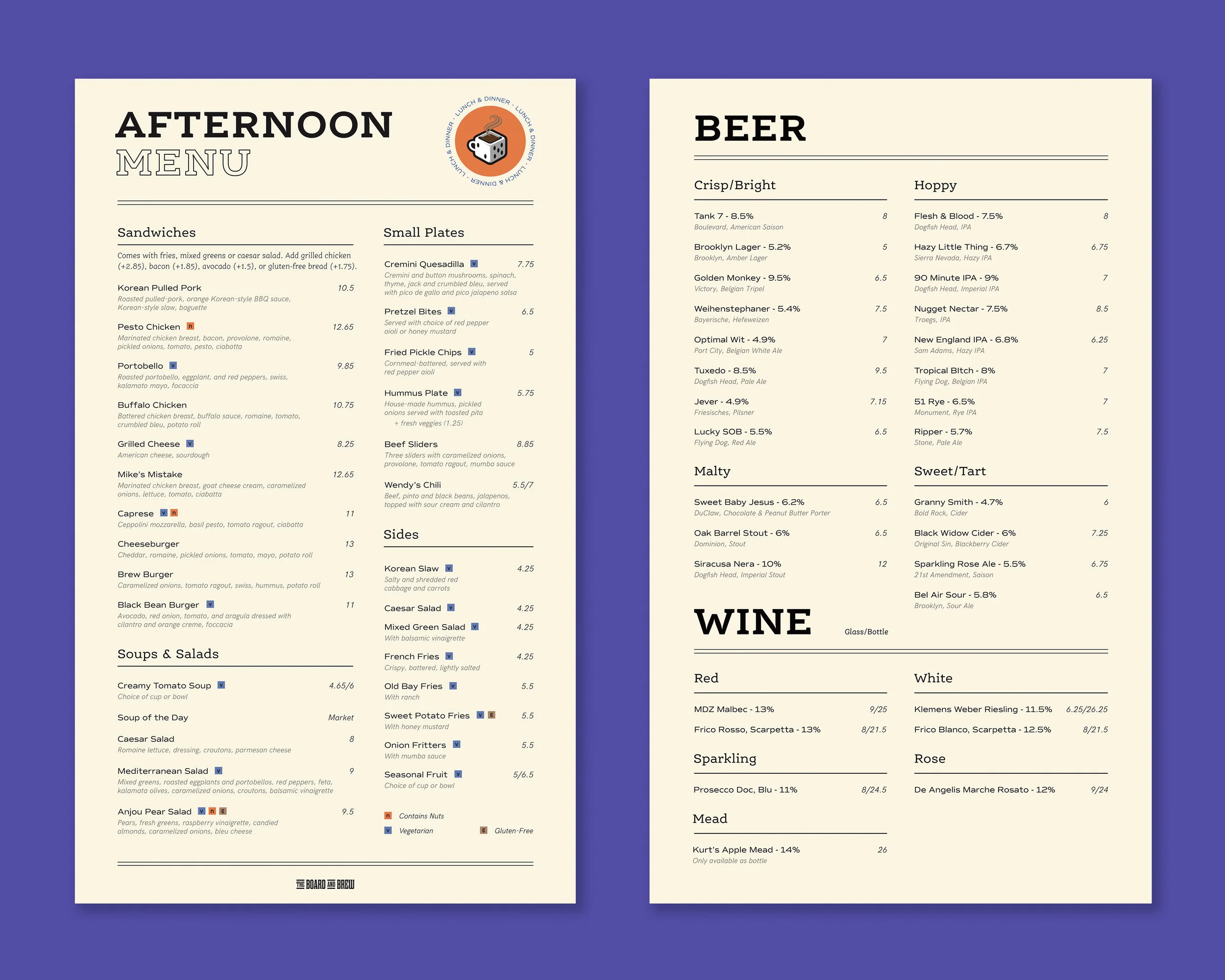 Menus: Lunch/Dinner, Drinks