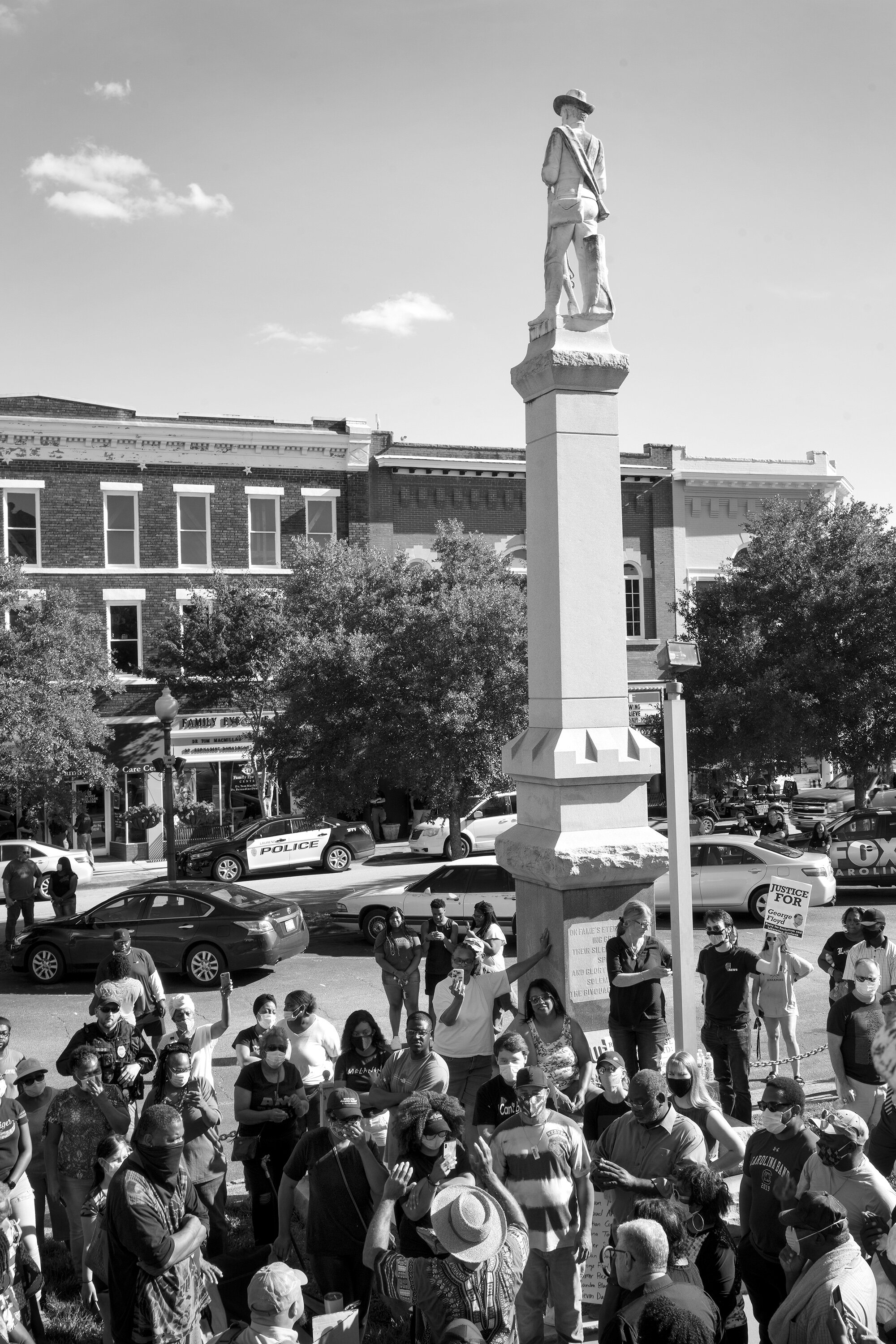 A rally for justice and racial equality watched over by the ghosts of the Confederacy. June 1, 2020 in Laurens, South Carolina.