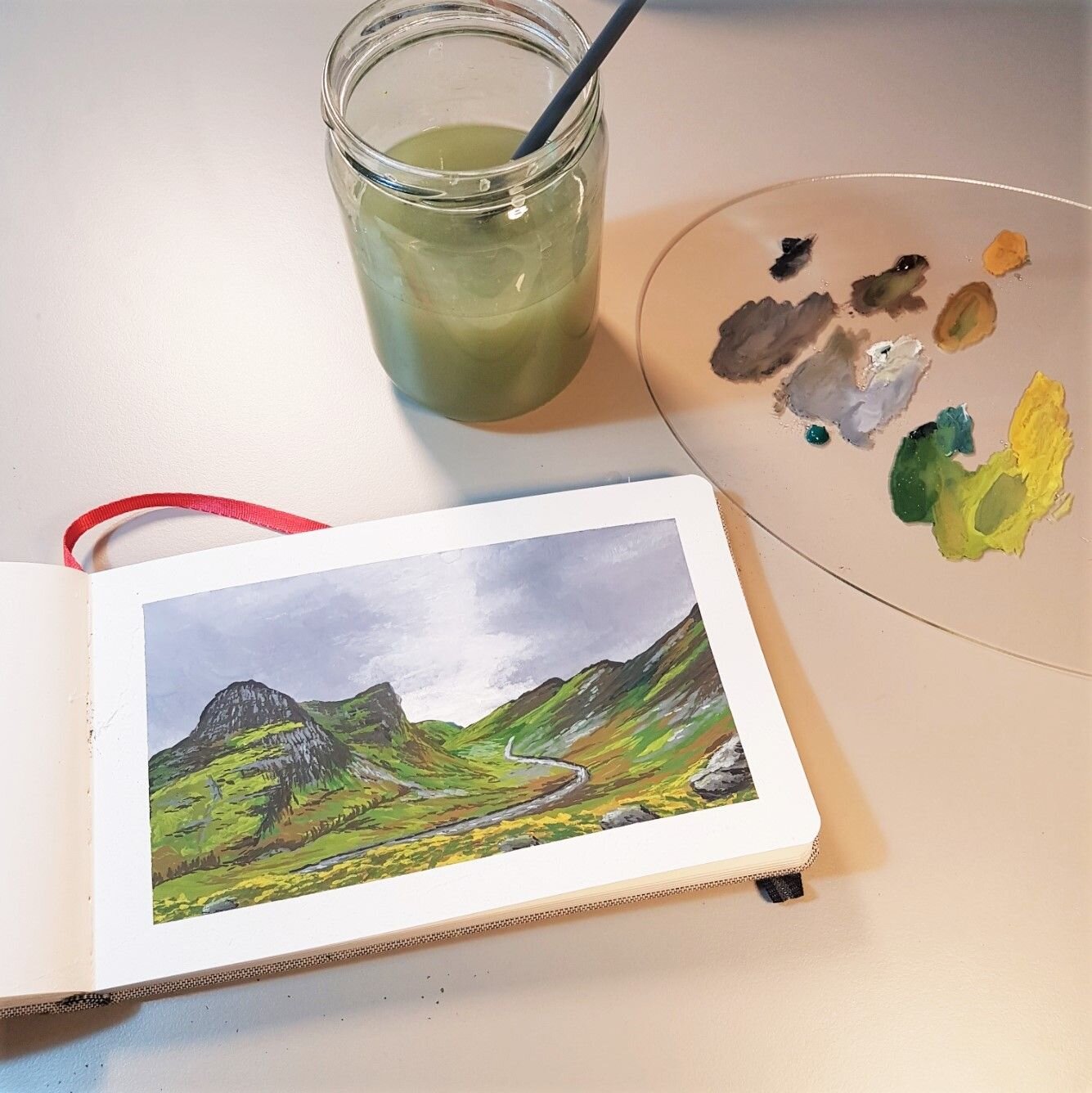 Check out my Youtube channel for a real time Paint with Me session https://buff.ly/3VmYQ1w 
 . 
 . 
 . 
#art #artist #youtube #youtubechannel #paint #painting #gouache #gouachepainting #landscape #landscapepainting #siketchbook #artjournal #mountains