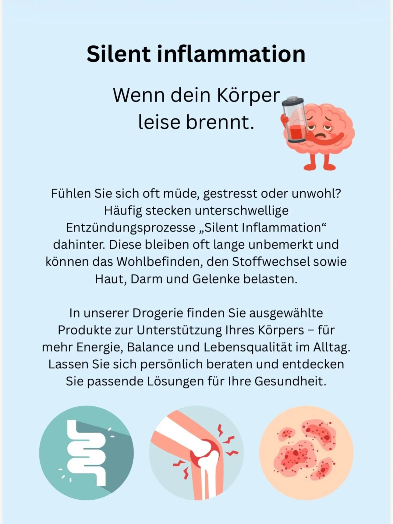 Unsere Lernende im 4. Lehrjahr, Michelle Meier, hat sich f&uuml;r das Thema &bdquo;Silent inflammation&ldquo; als QV-Ausstellung entschieden. Alles zur Vorbeugung von stillen Entz&uuml;ndungen oder zur Behandlung im Akutfall ist in ihrem Konzept enth