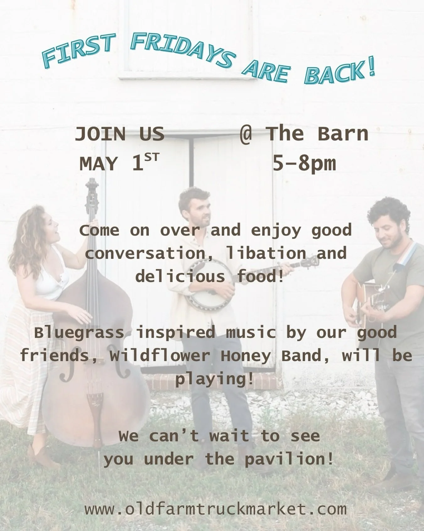 First Friday Gathering at The Barn is back again for 2026! Join us from 5-8pm May 1st for good conversation, libation, live music, and delicious food!

Our good friends @wildflowerhoneyband will be playing live and the cafe will be open serving Farm 
