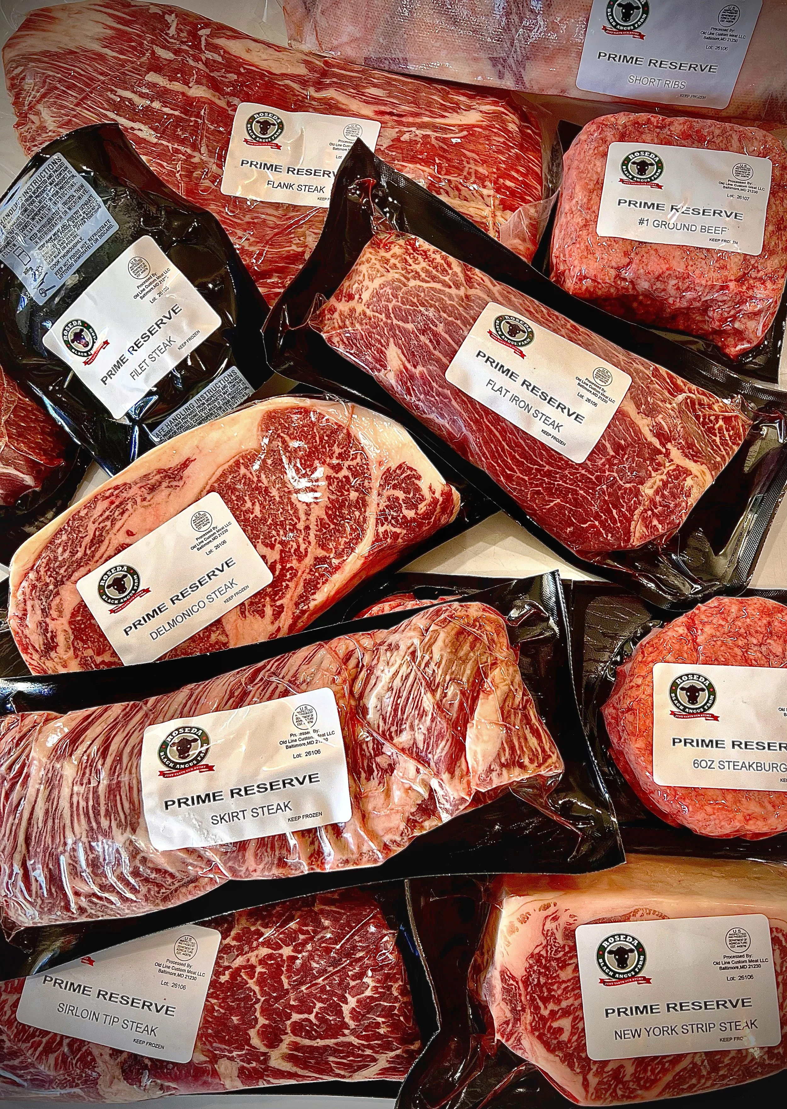 Fresh Roseda Farm pasture-raised beef cuts displayed at Old Farm Truck Market in White Stone VA, premium sustainably raised beef from one of the East Coast's most respected farms available at the Northern Neck farm market