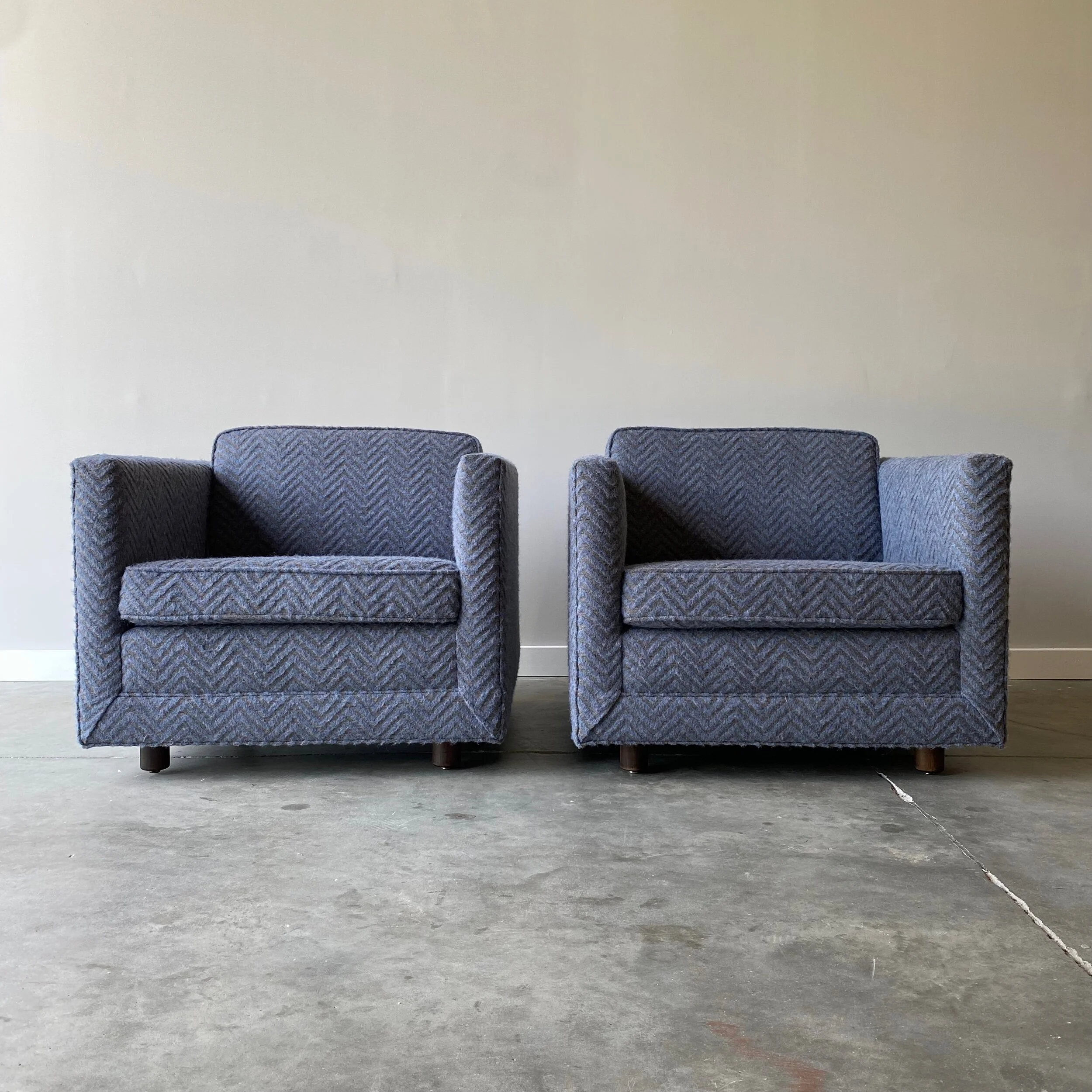 Cube lounge chairs in patterned mohair upholstery.  Designed by Ward Bennett for Brickel Associates, circa 1960.  