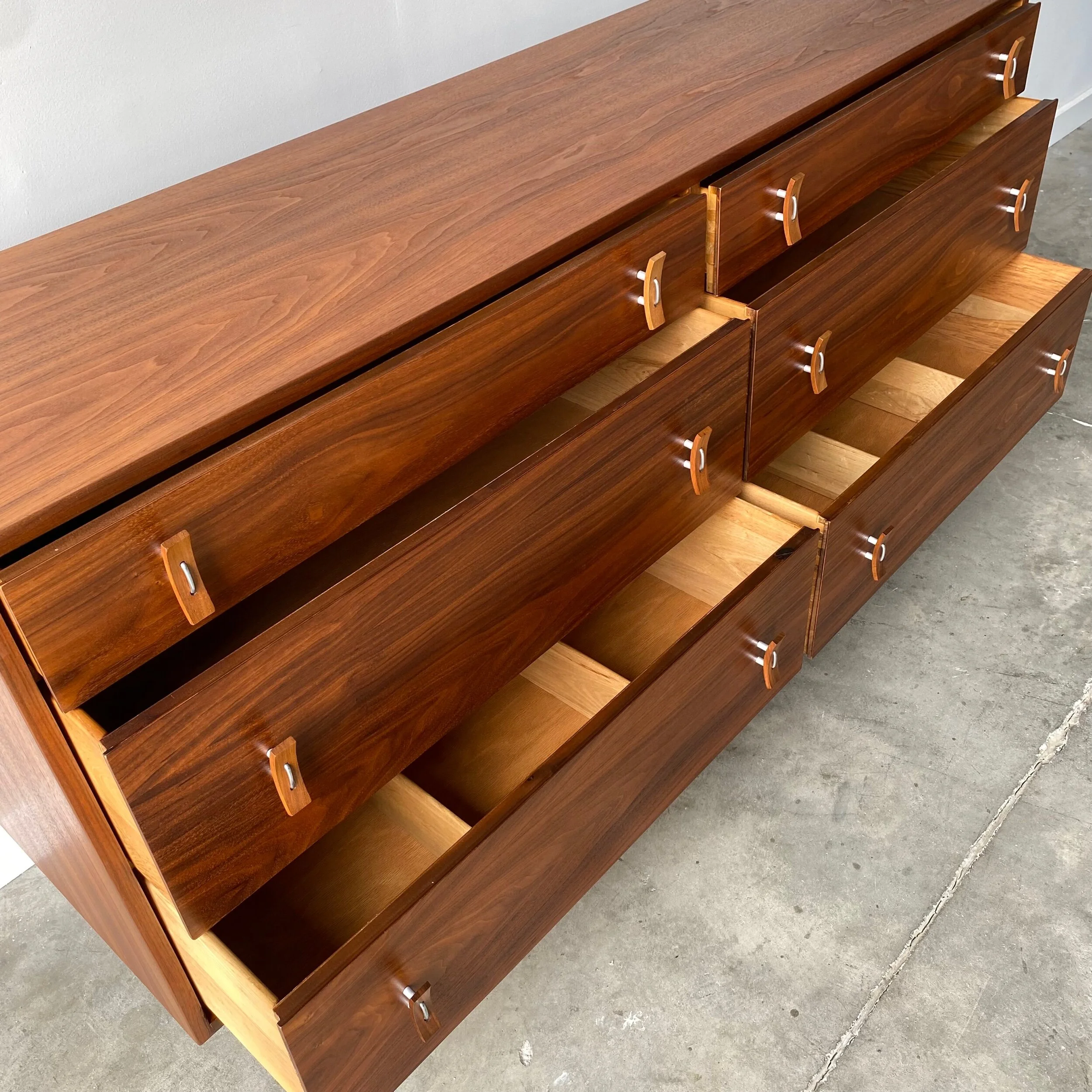 open drawers Vintage mcm mid century dresser Glenn of California Walnut Dresse