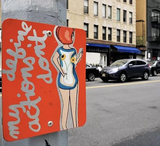 "My Actions Don't Define" 2020, Acrylic spray enamel on Aluminum 8"x10", Street Installation