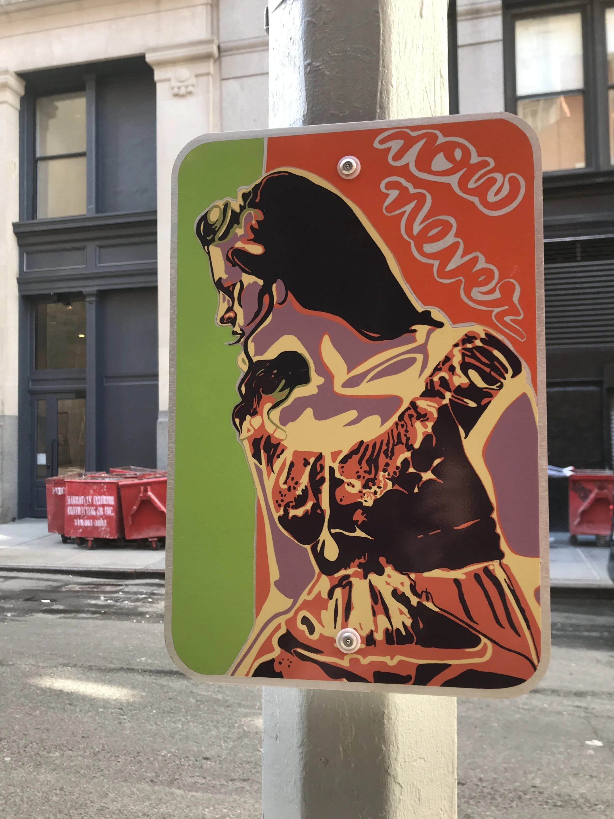 "Now Never" 2021, Acrylic Spray Enamel on Aluminum, 12"x18", Street Installation