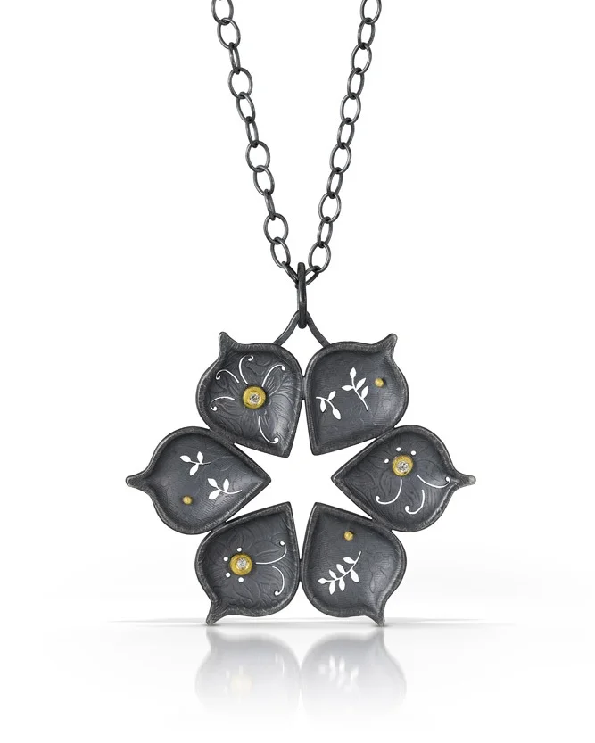Six Petal Circle Pendant, 18k, Diamonds & Oxidized Sterling Silver, 2 1/8” across