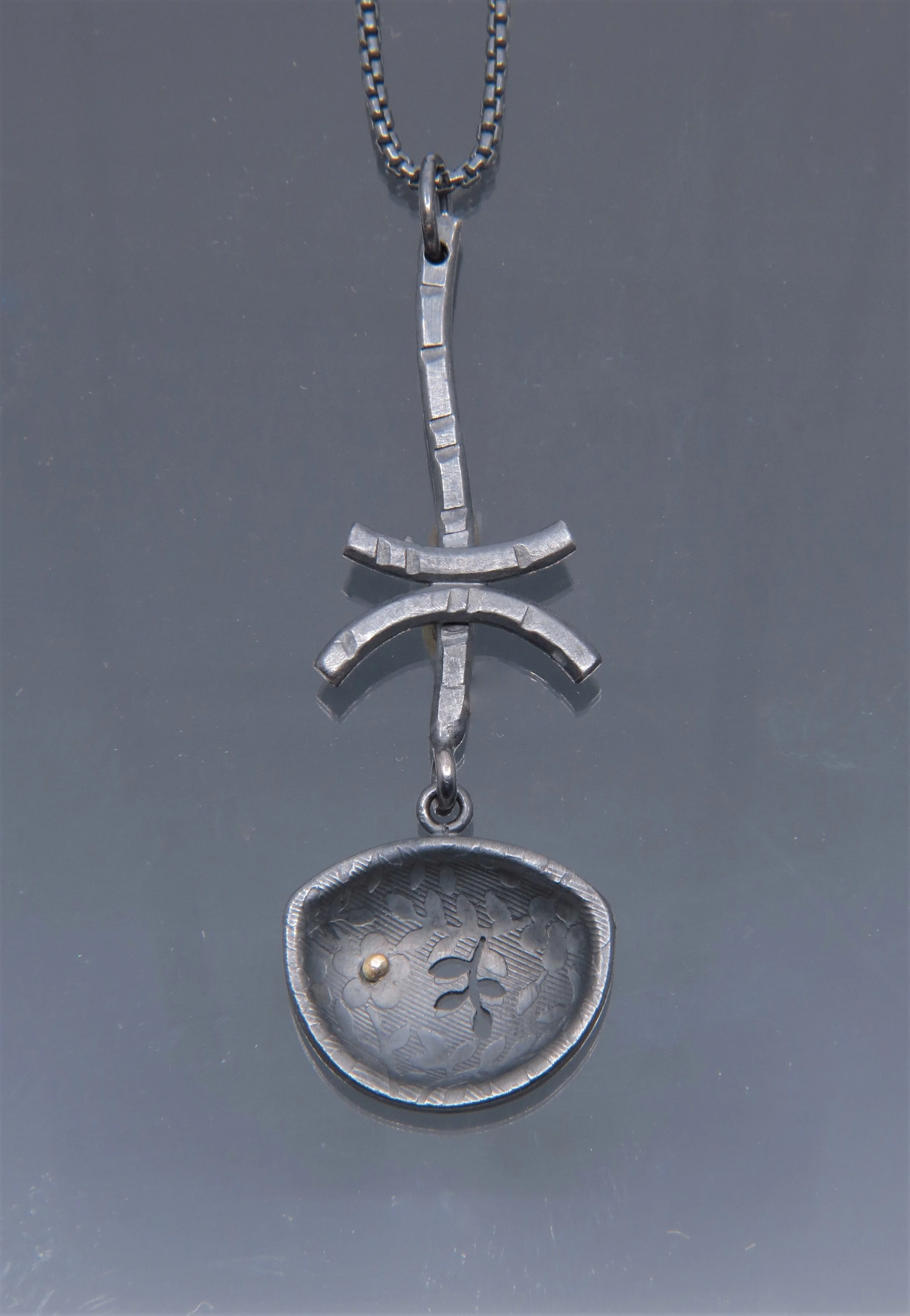 Oxidized Silver Scroll Pendant with 18k Gold II