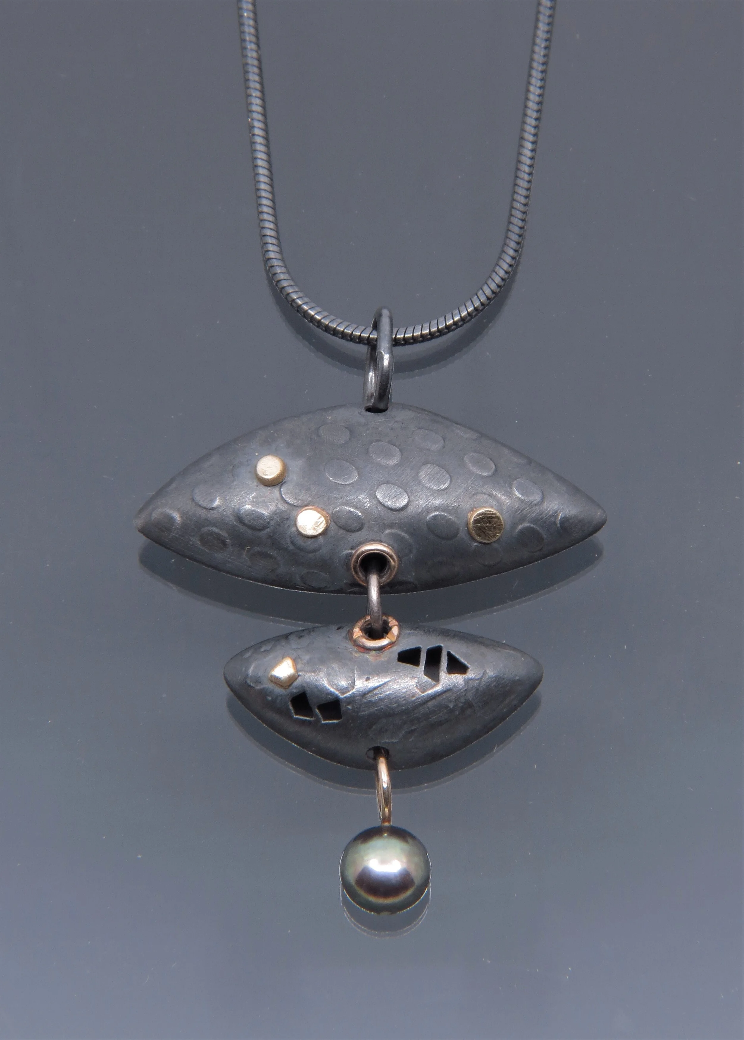 Oxidized Silver Two Element Pod Pendant with 18k Gold and a Fresh Water Pearl