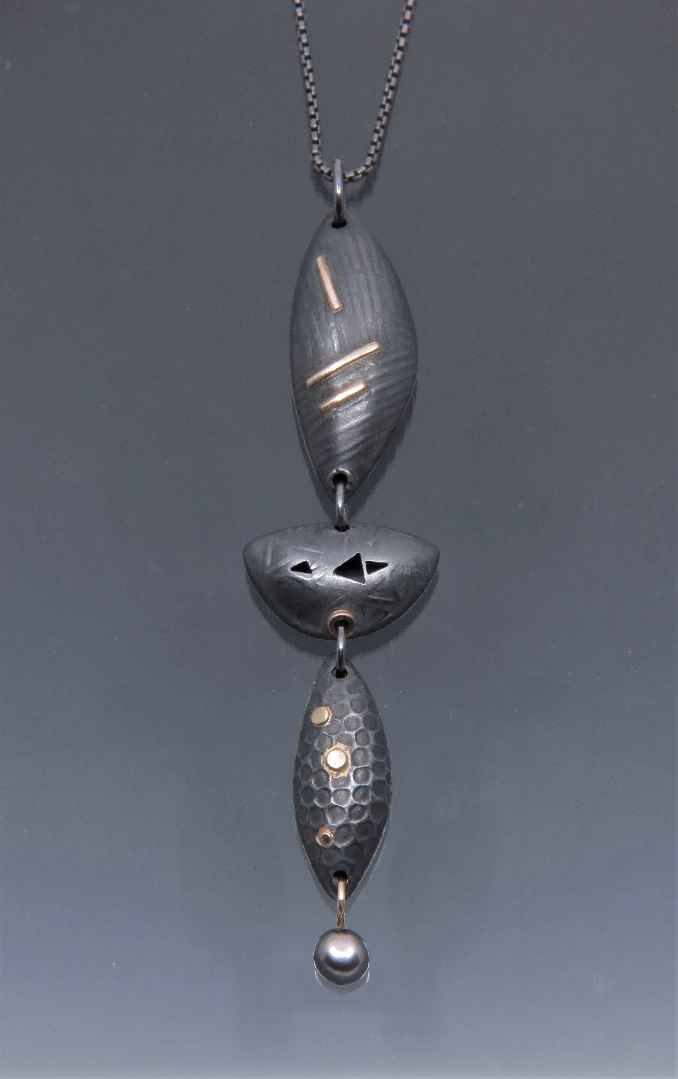 Oxidized Silver Three Element Pod Pendant with 18k Gold and a Fresh Water Pearl