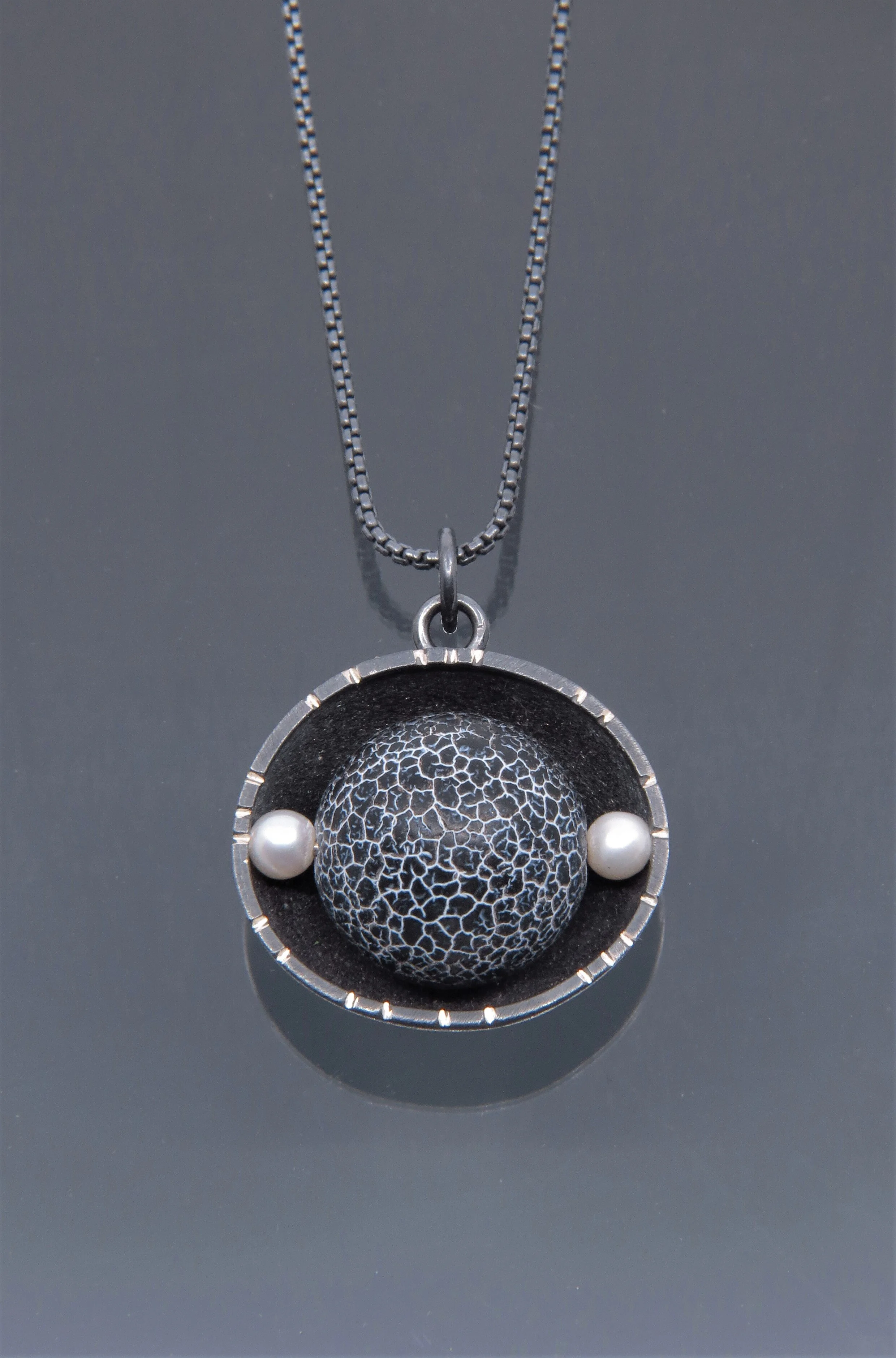 Large Oxidized Silver Cup Pendant with Mexican Fired Agate and Pearls