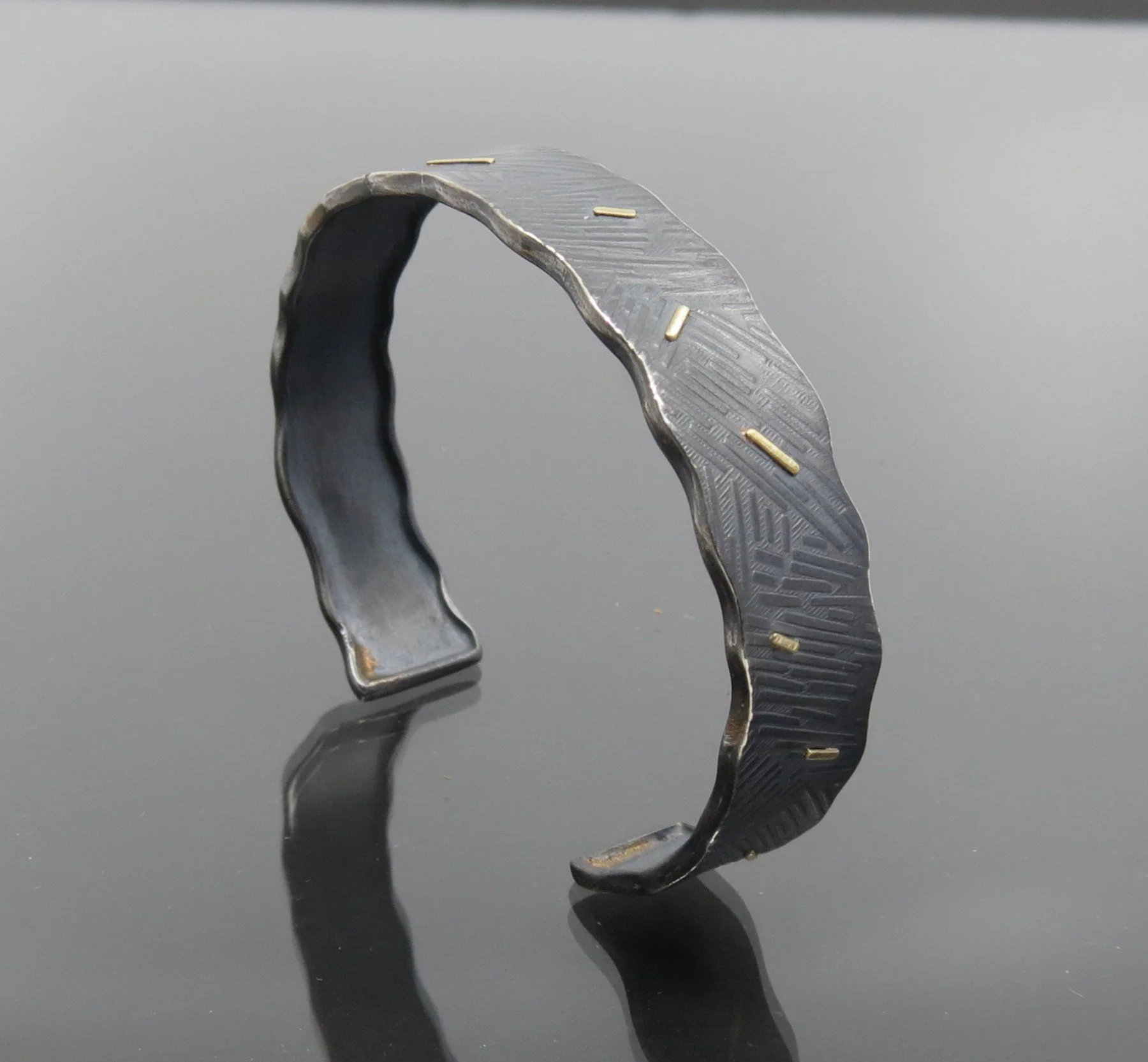Wavy Edged Oxidized Silver Cuff with 18k Dots