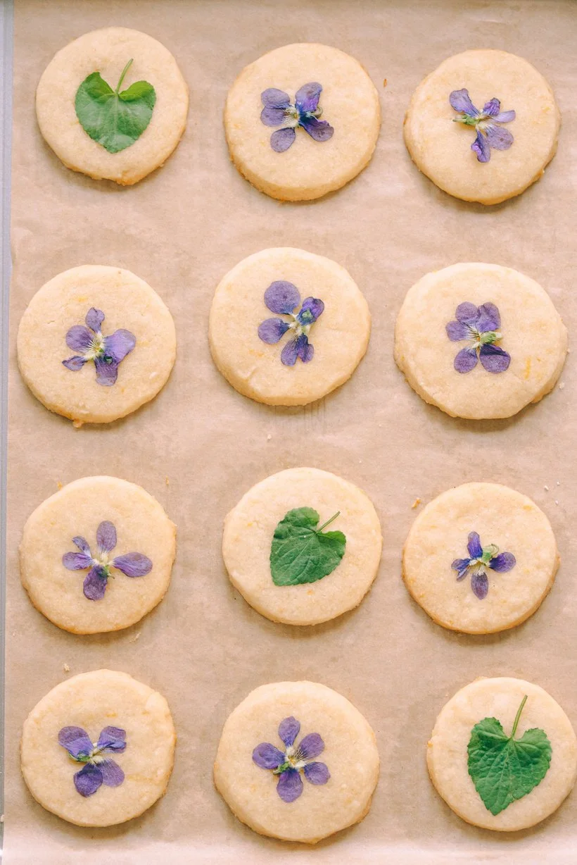 Pressed Flower Lemon Shortbread Cookies with Wild Violets