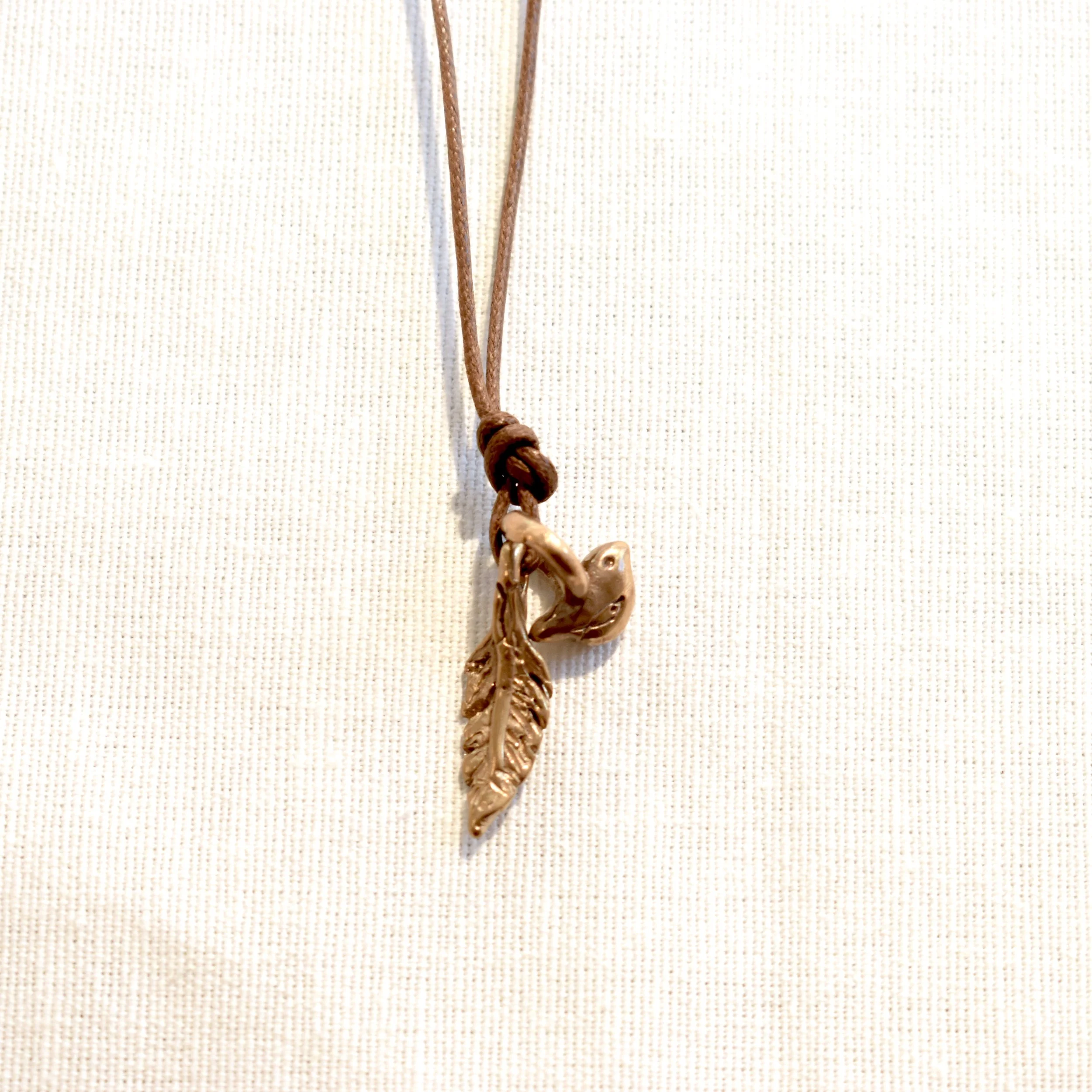 Bronze Bird + Feather Pendant
