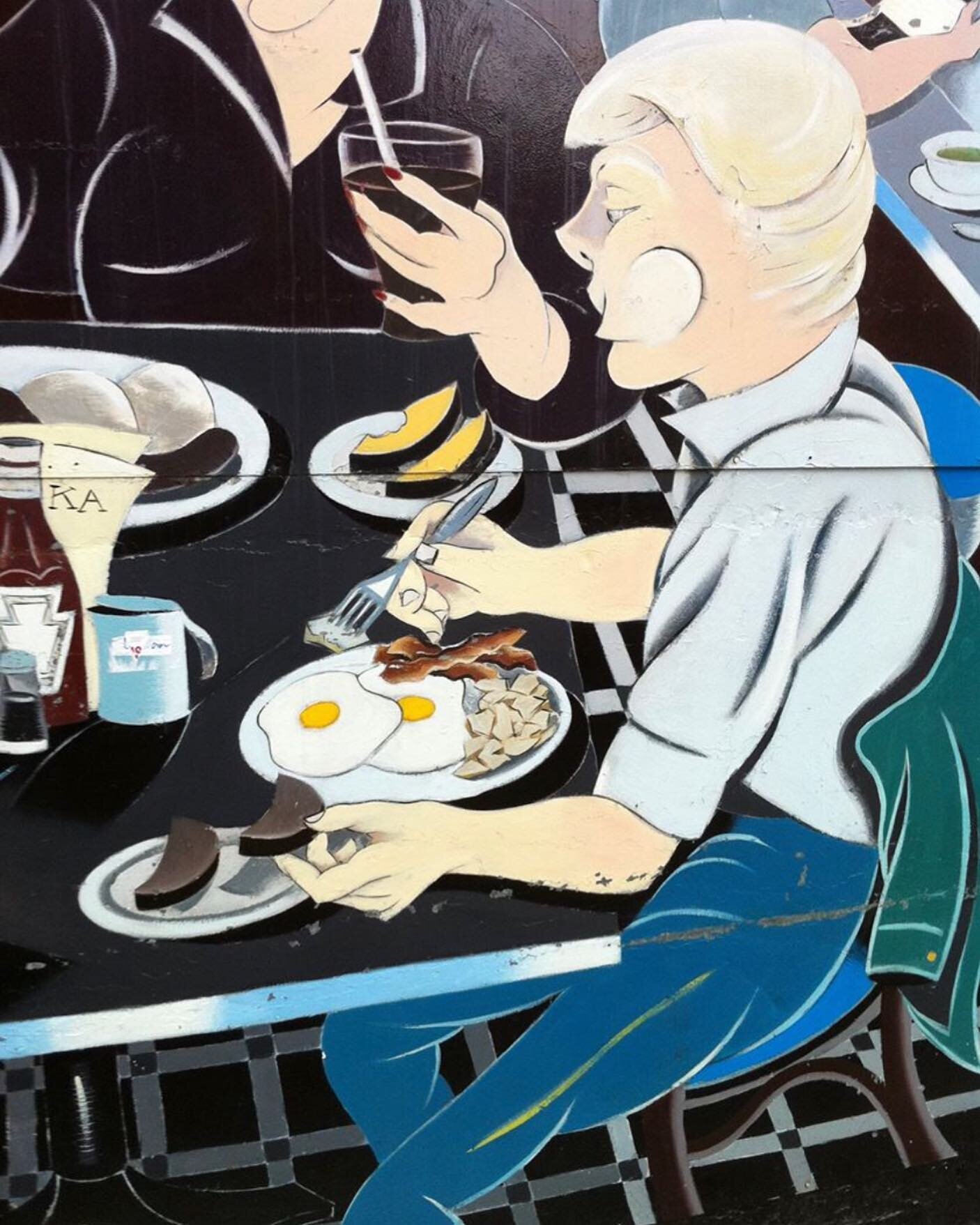 Moved to the East Village 14 years ago today (after 10 years in LA). Whilst wandering around the new hood, I immediately identified with this blond dude (on a mural at 24-hr Ukrainian diner Veselka), probably scarfing down breakfast at 4am after a ni